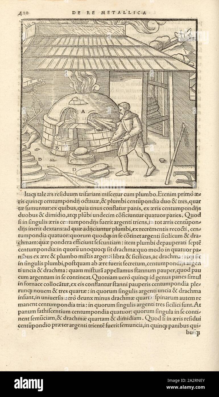 Spleissofen, nel forno di giunzione di pezzi di rame vengono fuse con il piombo e legato, xilografia, p. 410, (liber undecimus), Manuel, Hans Rudolf (graveur sur bois), 1556, Georgius Agricola: De re metallica libri XII: quibus officia, instrumenta, machinae, ac omnia denique ad metallicam spectantia, non modo luculentissime describuntur, sed & per le effigi (...). Basileae: [Froben], 1556 Foto Stock