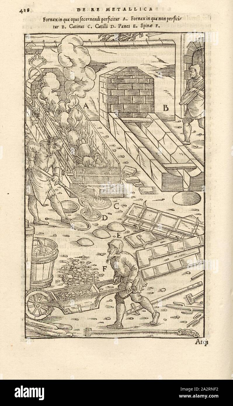 Saigerofen, Saigerofen in funzionamento, Saigerblei è riempita in stampi di rame e raffreddata, xilografia, p. 418, (liber undecimus), Manuel, Hans Rudolf (graveur sur bois), 1556, Georgius Agricola: De re metallica libri XII: quibus officia, instrumenta, machinae, ac omnia denique ad metallicam spectantia, non modo luculentissime describuntur, sed & per le effigi (...). Basileae: [Froben], 1556 Foto Stock