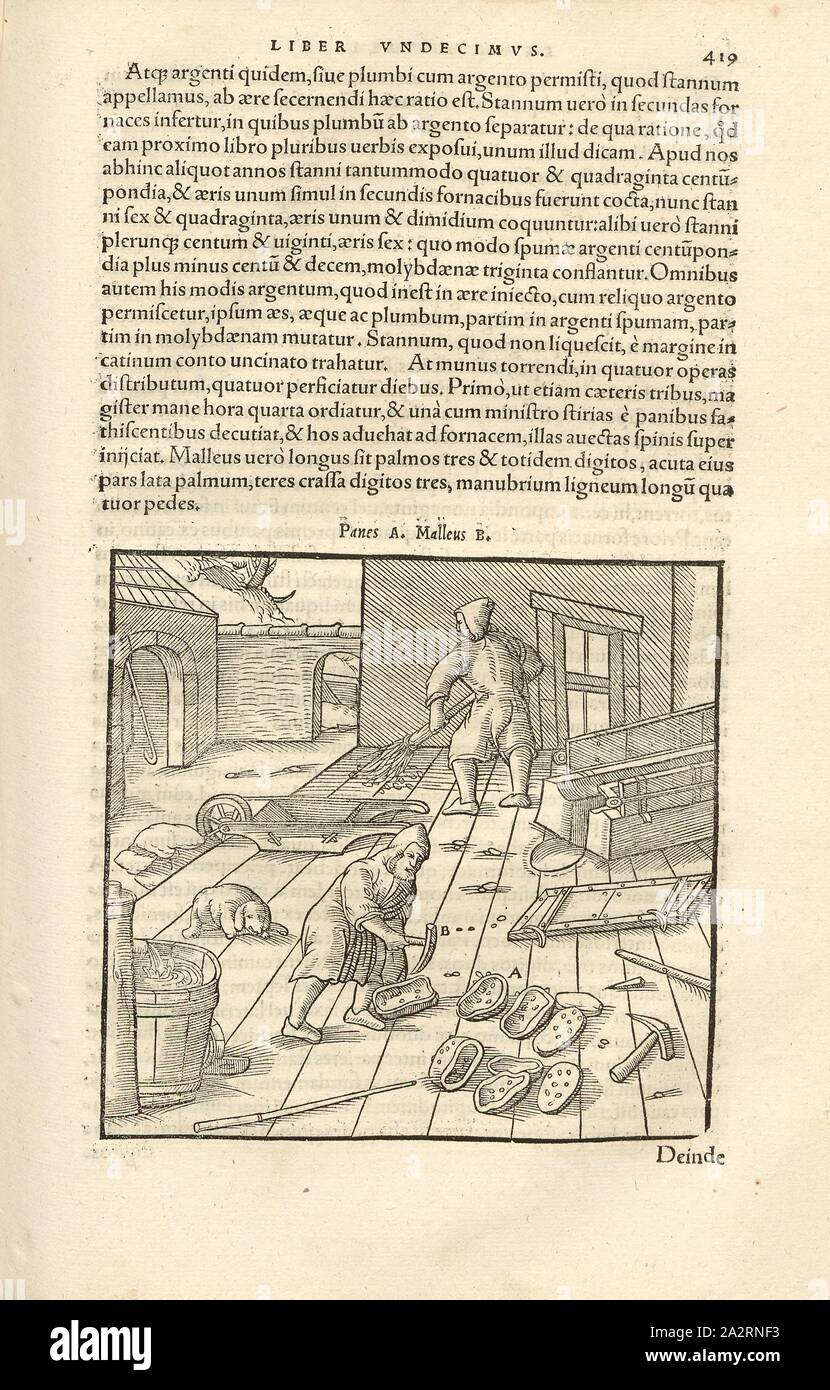 Kienstöcke, Kienstöcke, rimanenti pezzi di rame, vengono pulite di residui di piombo, xilografia, S. 419, (liber undecimus), Manuel, Hans Rudolf (graveur sur bois), 1556, Georgius Agricola: De re metallica libri XII: quibus officia, instrumenta, machinae, ac omnia denique ad metallicam spectantia, non modo luculentissime describuntur, sed & per le effigi (...). Basileae: [Froben], 1556 Foto Stock