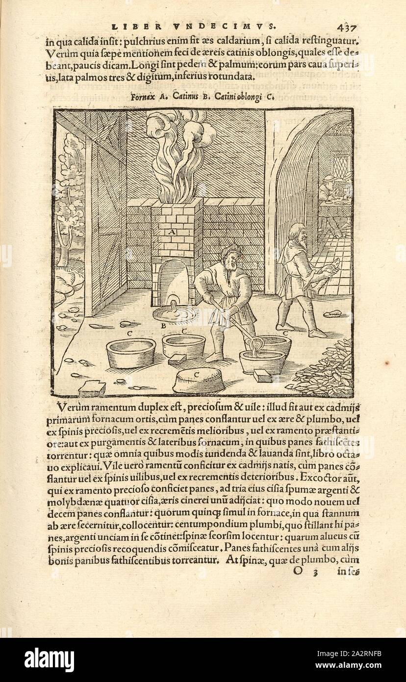 Composizione di rame, rame buono è miscelato con rame di qualità inferiore, forno break, xilografia, p. 437, (liber undecimus), Manuel, Hans Rudolf (graveur sur bois), 1556, Georgius Agricola: De re metallica libri XII: quibus officia, instrumenta, machinae, ac omnia denique ad metallicam spectantia, non modo luculentissime describuntur, sed & per le effigi (...). Basileae: [Froben], 1556 Foto Stock
