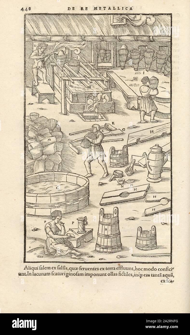 Asciugatura del sale precipitato del sale precipitato è seccato all'aria in ceste, xilografia, p. 448, (Liber duodecimus), Manuel, Hans Rudolf (graveur sur bois), 1556, Georgius Agricola: De re metallica libri XII: quibus officia, instrumenta, machinae, ac omnia denique ad metallicam spectantia, non modo luculentissime describuntur, sed & per le effigi (...). Basileae: [Froben], 1556 Foto Stock
