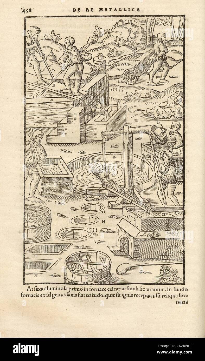 Estrazione di allume 1, soluzioni di allume sono riempiti in vari contenitori, si aggiunge acqua e spesso agitata, xilografia, p. 458, (Liber duodecimus), Manuel, Hans Rudolf (graveur sur bois), 1556, Georgius Agricola: De re metallica libri XII: quibus officia, instrumenta, machinae, ac omnia denique ad metallicam spectantia, non modo luculentissime describuntur, sed & per le effigi (...). Basileae: [Froben], 1556 Foto Stock