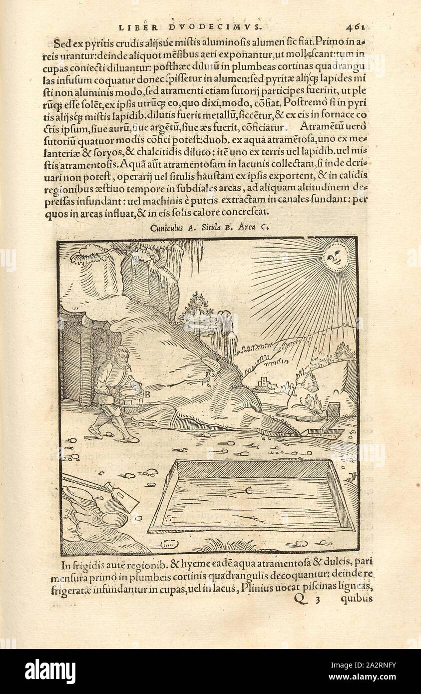 Produzione di Vetriolo, Vetriolo acqua viene condensato in terra contenitori incassati dal calore del sole, xilografia, p. 461, (Liber duodecimus), Manuel, Hans Rudolf (graveur sur bois), 1556, Georgius Agricola: De re metallica libri XII: quibus officia, instrumenta, machinae, ac omnia denique ad metallicam spectantia, non modo luculentissime describuntur, sed & per le effigi (...). Basileae: [Froben], 1556 Foto Stock