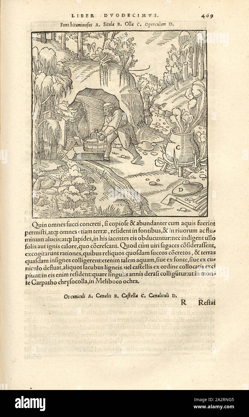 Estrazione del bitume, acqua bituminosa viene cotta in pentole e compattato, xilografia, p. 469, (Liber duodecimus), Manuel, Hans Rudolf (graveur sur bois), 1556, Georgius Agricola: De re metallica libri XII: quibus officia, instrumenta, machinae, ac omnia denique ad metallicam spectantia, non modo luculentissime describuntur, sed & per le effigi (...). Basileae: [Froben], 1556 Foto Stock