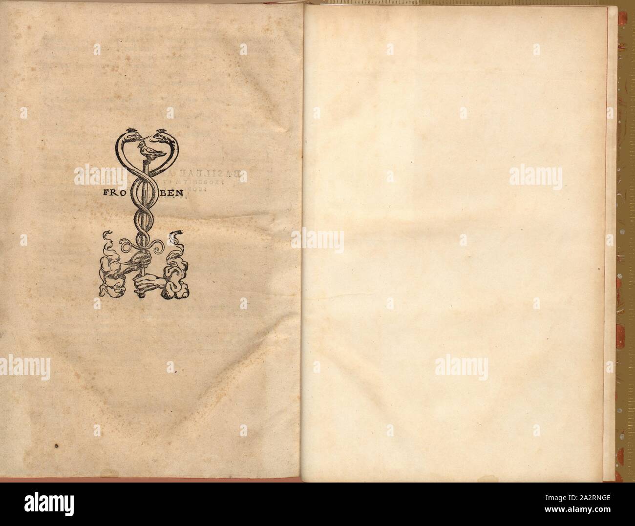 Marca della stampante, autore del certificato (Froben Offizin, Basilea), xilografia, S. XX, (Liber primus), Manuel, Hans Rudolf (graveur sur bois), 1556, Georgius Agricola: De re metallica libri XII: quibus officia, instrumenta, machinae, ac omnia denique ad metallicam spectantia, non modo luculentissime describuntur, sed & per le effigi (...). Basileae: [Froben], 1556 Foto Stock