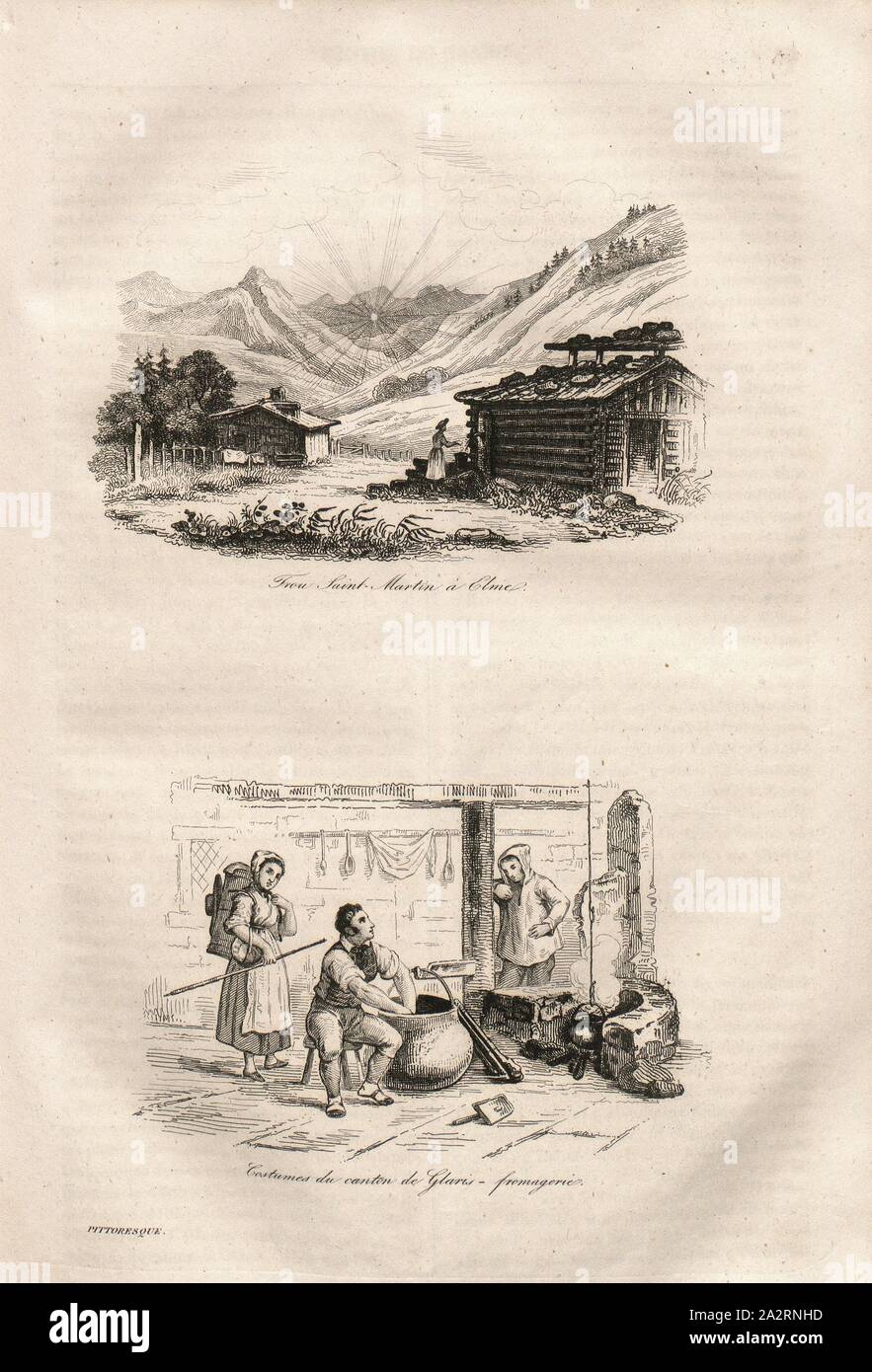Foro di Saint Martin in Elme - Costumi del cantone di Glarona. Fabbrica di formaggio, Sopra: vista dell'Olmo con una vista del Martinsloch, di seguito: persone in un caseificio di indossare abiti tradizionali, p. 78, 1835, Alexandre Martin: La Suisse pittoresco et ses dintorni. Tableau général, descriptif, historique et Statistique des 22 cantoni, de la Savoie, d'une partie du Piémont et du pays de Bade. Parigi: Hippolyte Souverain, 1835 Foto Stock