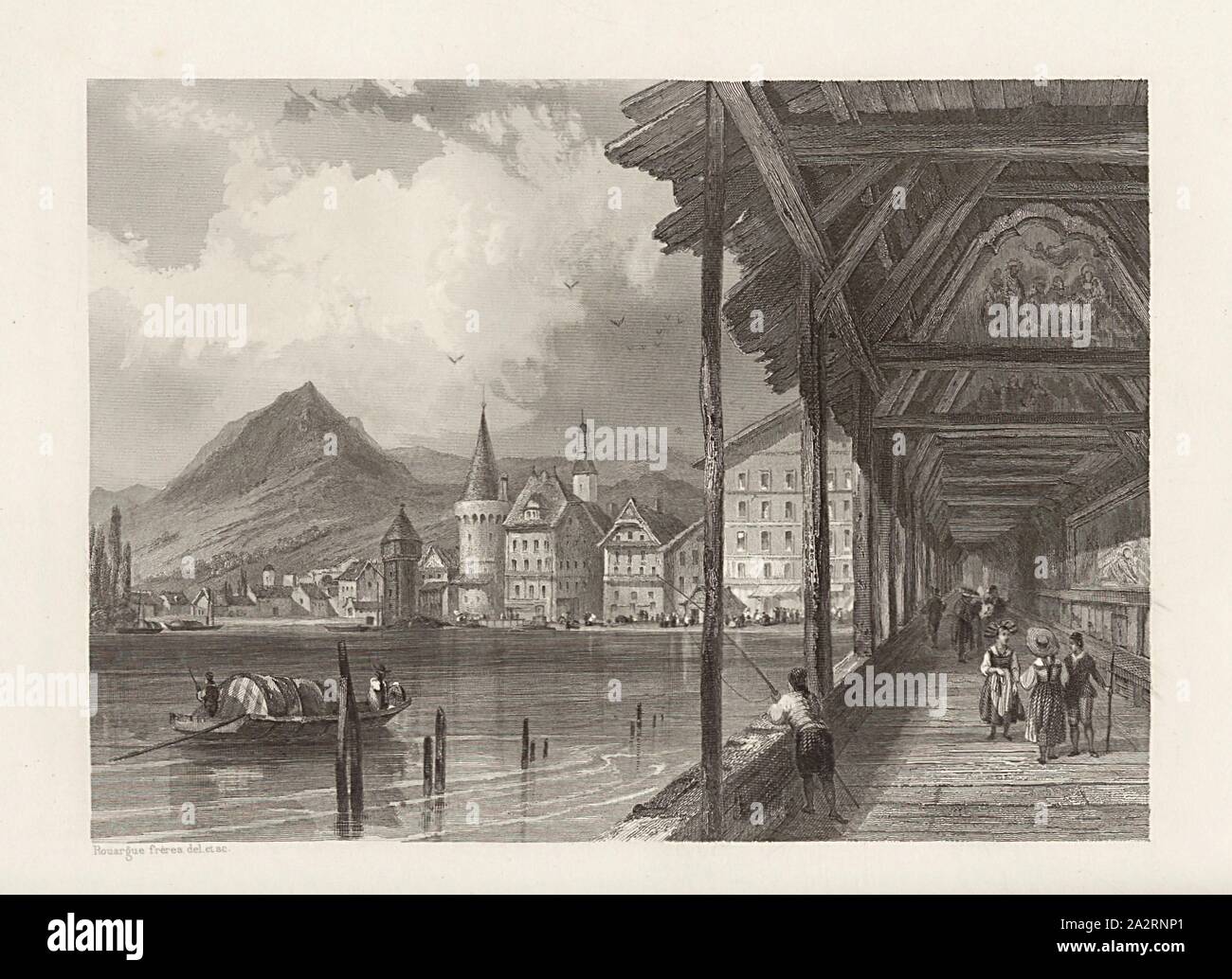 Lucerna, Lucerna, vista dal Ponte della Cappella, attacco, p. 220, Rouargue frères (CANC. et sc.), Xavier Marmier: Voyage en Suisse. Parigi: Morizot, [1861 Foto Stock