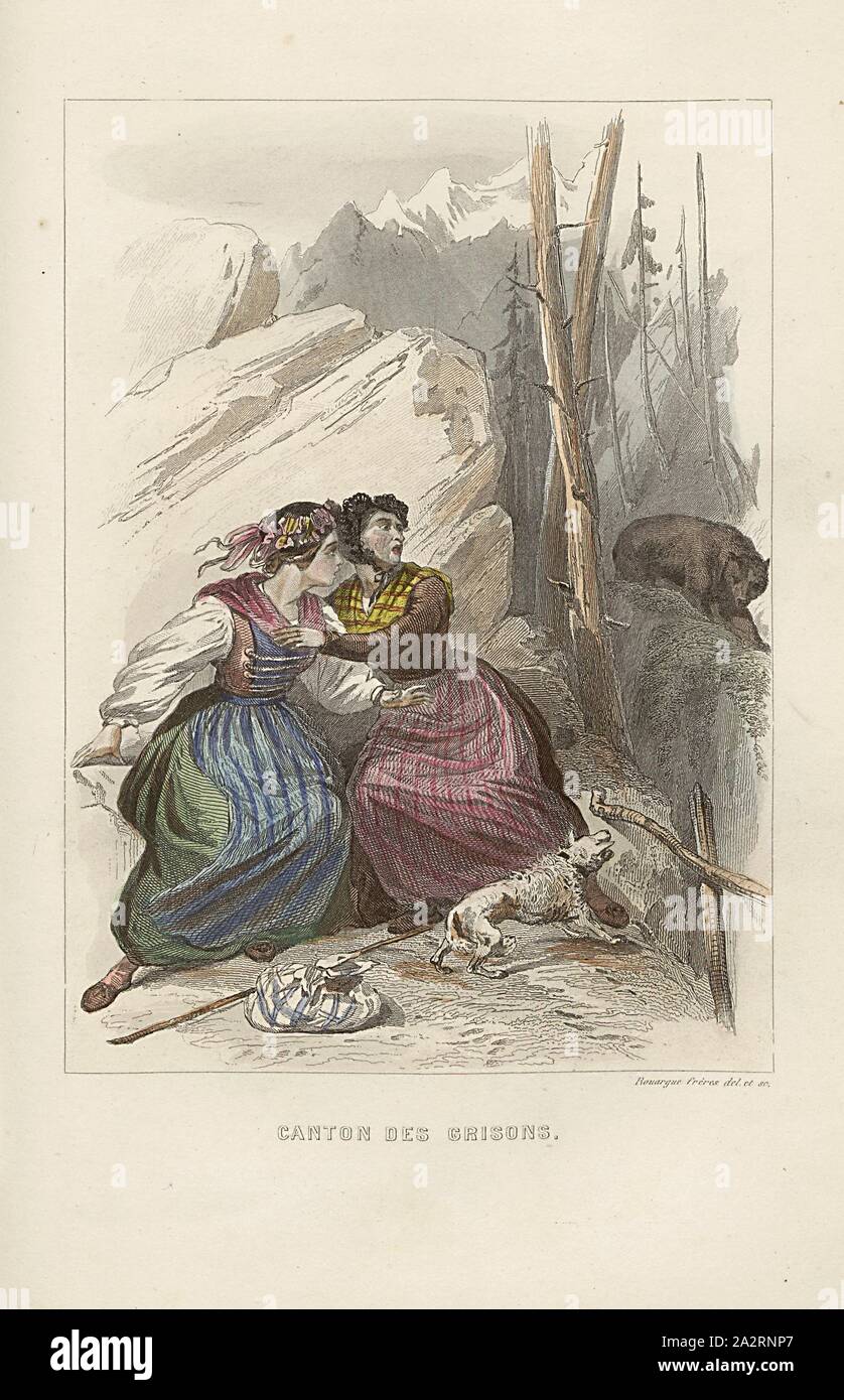Il Cantone dei Grigioni, due Bündnerinnen sono terrorizzati nelle montagne da un orso; colorato incisione, a p. 268, Rouargues frères (CANC. et sc.), Xavier Marmier: Voyage en Suisse. Parigi: Morizot, [1861 Foto Stock