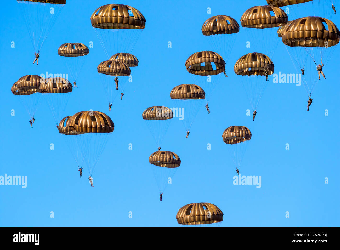 EDE, Paesi Bassi - Sep 21, 2019: gruppo di militari parachutist paracadutisti nel cielo durante l'operazione Market Garden memorial. Foto Stock