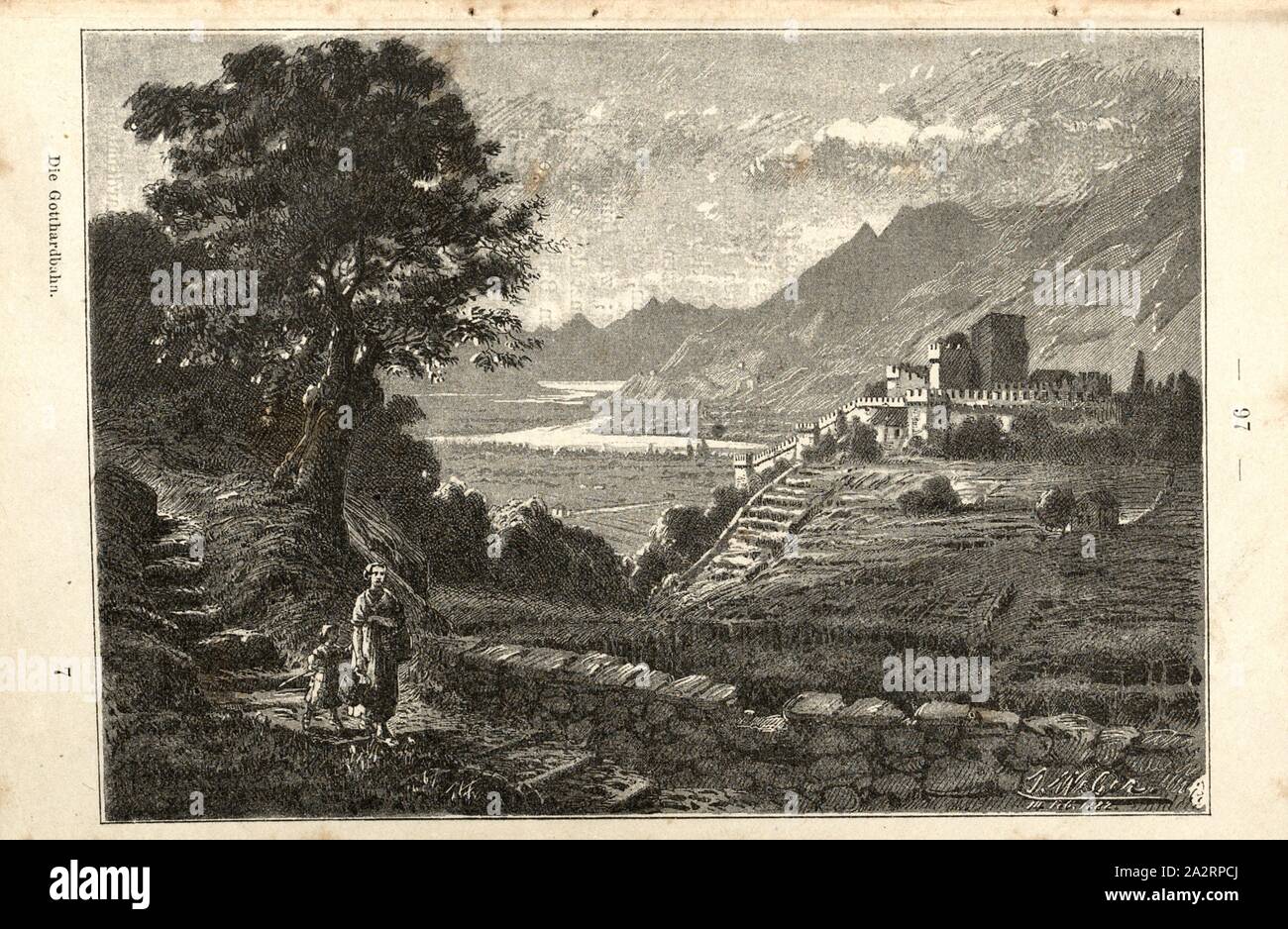 Castello di Svitto in Bellinzona, Castello di Montebello di Bellinzona nel canton Ticino, firmato: J. Weber, Fig. 43, p. 97, Weber, Johannes (CANC.); Orell Füssli & Co. (Ecc.), 1882, Jakob Hardmeyer: Die Gotthardbahn. Zurigo: Druck, Verlag und illustrazione von Orell Füssli & Co., [188 Foto Stock