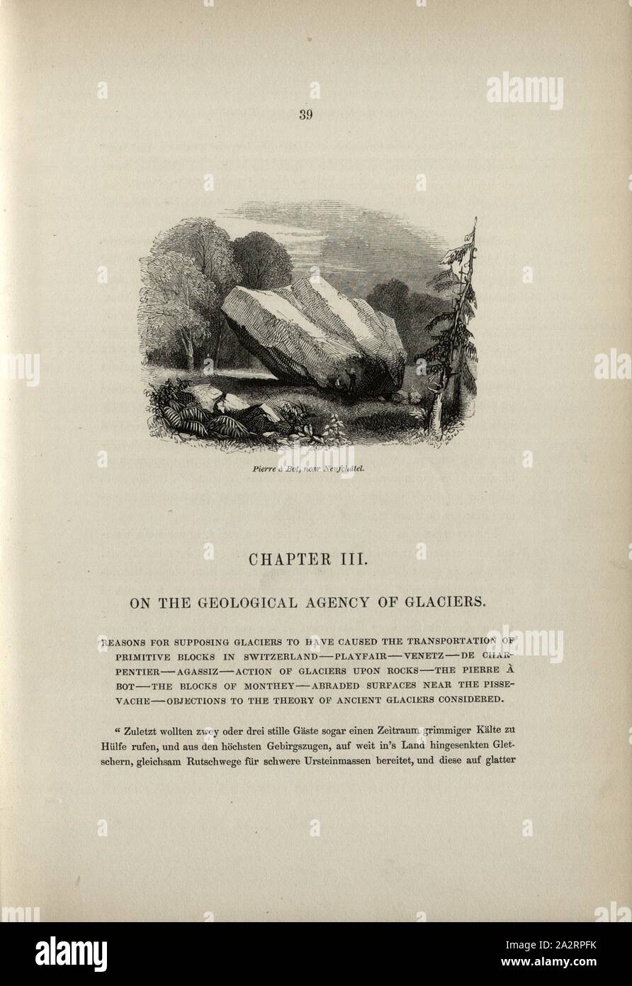 La pietra in Bot, vicino Neufchâtel, Foundling, Pierre à Bot a Neuchâtel, p. 39, 1843, James David Forbes: viaggi attraverso le Alpi della Savoia e altre parti della catena di Pennine con osservazioni di fenomeni di glacier. Edimburgo: Adam e Charles nero, 1843 Foto Stock