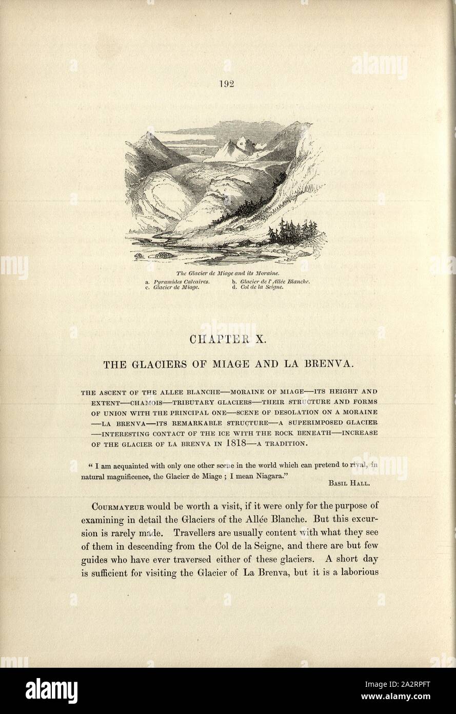 Il ghiacciaio de Miage e la sua morene, il Ghiacciaio Miage e la sua morene, p. 192, 1843, James David Forbes: viaggi attraverso le Alpi della Savoia e altre parti della catena di Pennine con osservazioni di fenomeni di glacier. Edimburgo: Adam e Charles nero, 1843 Foto Stock