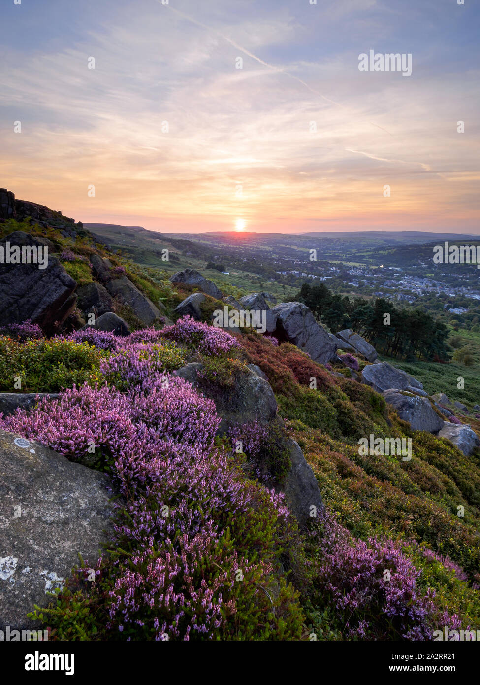 Splendida fioritura heather è drappeggiato attraverso il paesaggio estivo della valle rocciosa sul Rombalds Moor sopra Ilkley, con un vago tramonto nel cielo al di là. Foto Stock