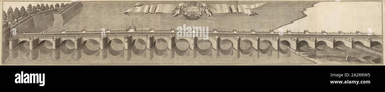 Prospettiva del re più fidati in gantz l'Europa. Elba ponti tra Neustadt e Dresda, Ponte di Augusto a Dresda, firmato: I. A. Richter del, C. F. Boëtius sc., Fig. 5, n. 6, dopo p. 96, Richter, Johann Adolf (CANC.); Boetius, Christian Friedrich (sc.); Breitkopf, Bernhard Christoph (ed.), 1735, Carl Schramm cristiana: Historischer Schauplatz in welchem die merkwürdigsten Brücken aus allen Theilen der Welt, insonderheit aber die in den vollkommensten Stand versetzte Dresdner Elb-Brücke, in saubern Prospecten, Münzen und andern Kupferstichen, vorgestellet und beschrieben werden. Leipzig Foto Stock