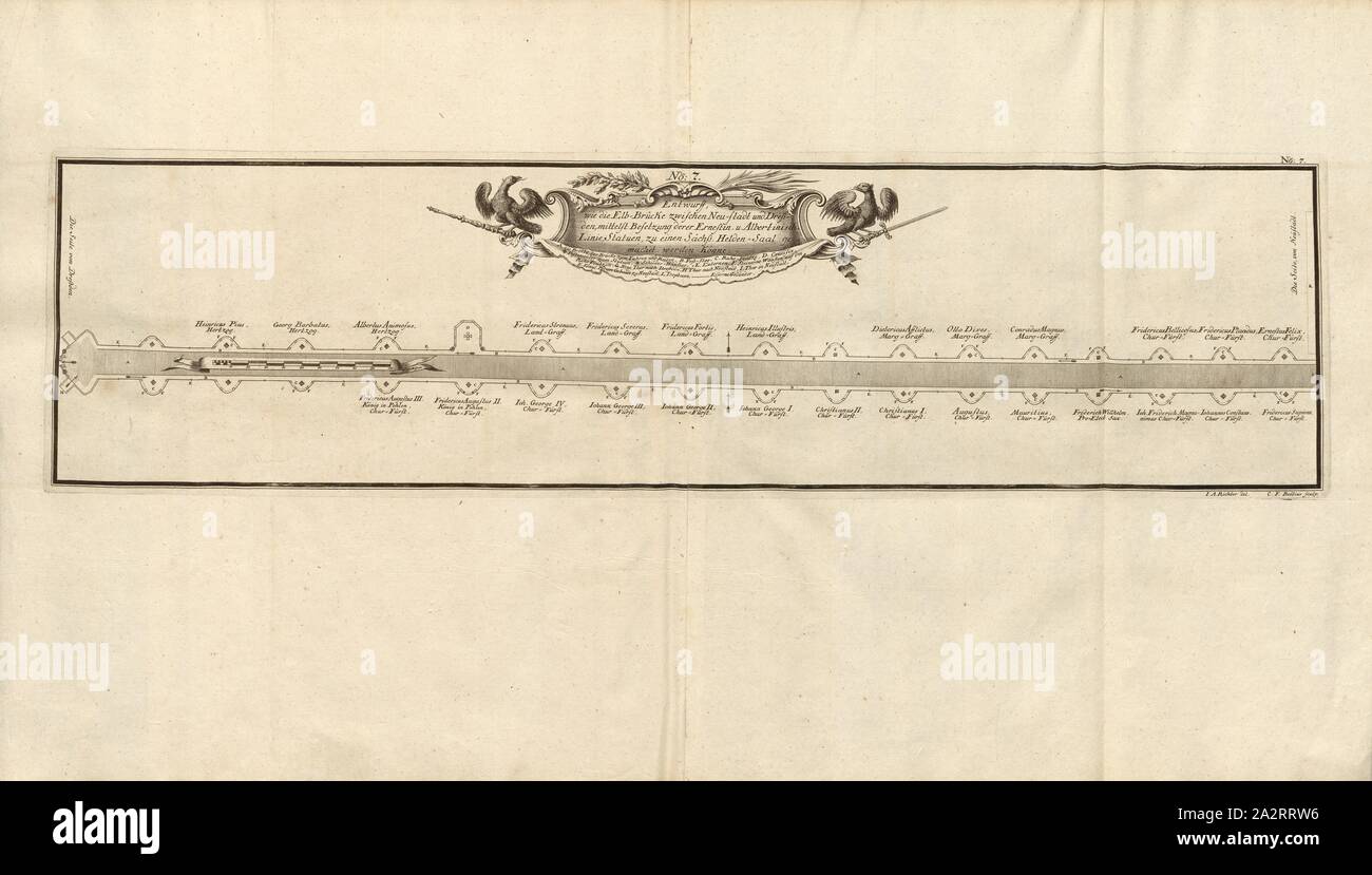 Entwurff, come l'Elba ponte tra Neu-stadt e Dresda da occupazione di Ernestin u. Albertine linea per un Saxon. Eroi' Hall potrebbe essere realizzato, piano di pavimento del ricostruito Ponte di Augusto, firmato: I. A. Richter del, C. F. Boëtius sculp, Fig. 6, n. 7, dopo p. 96, Richter, Johann Adolf (CANC.); Boetius, Christian Friedrich (sc.); Breitkopf, Bernhard Christoph (ed.), 1735, Carl Schramm cristiana: Historischer Schauplatz in welchem die merkwürdigsten Brücken aus allen Theilen der Welt, insonderheit aber die in den vollkommensten Stand versetzte Dresdner Elb-Brücke, in saubern Prospecten, Münzen Foto Stock