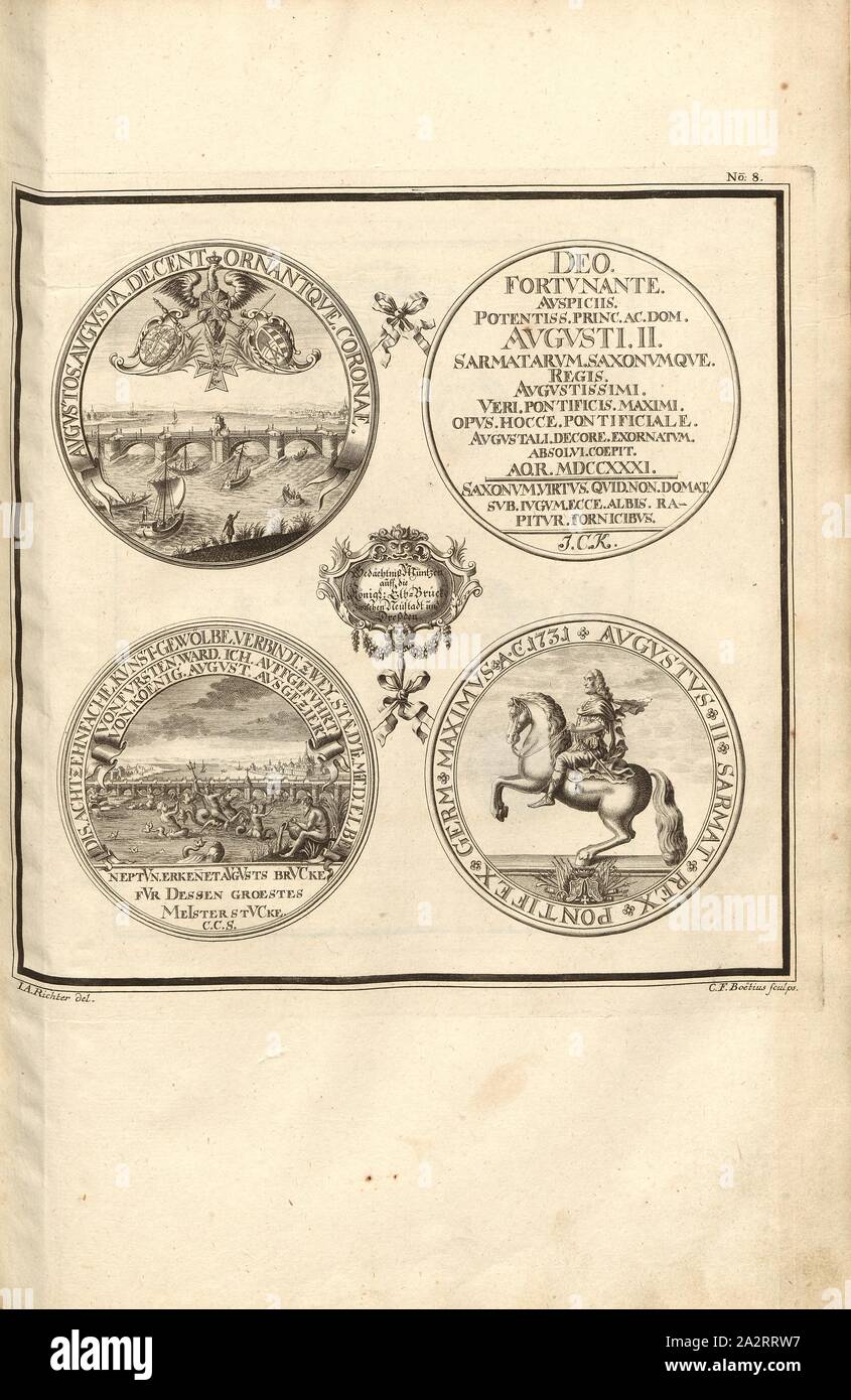 Ponti Memorial monete, gettoni con Ponte di Augusto a Dresda e la statua equestre di agosto II, firmato: I. A. Richter del, C. F. Boëtius sculp, Fig. 7, n. 8, dopo p. 96, Richter, Johann Adolf (CANC.); Boetius, Christian Friedrich (sc.); Breitkopf, Bernhard Christoph (ed.), 1735, Carl Schramm cristiana: Historischer Schauplatz in welchem die merkwürdigsten Brücken aus allen Theilen der Welt, insonderheit aber die in den vollkommensten Stand versetzte Dresdner Elb-Brücke, in saubern Prospecten, Münzen und andern Kupferstichen, vorgestellet und beschrieben werden. Lipsia: Bey Bernhard Foto Stock