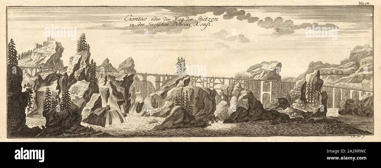 Cientao o il modo di supporti in Sines provincia Xensi, ponte in Cina, firmato: I. W. Stör sc, Fig. 11, n. 14, dopo p. 96, Stör, Johann Wilhelm (sc.); Breitkopf, Bernhard Christoph (ed.), 1735, Carl Schramm cristiana: Historischer Schauplatz in welchem die merkwürdigsten Brücken aus allen Theilen der Welt, insonderheit aber die in den vollkommensten Stand versetzte Dresdner Elb-Brücke, in saubern Prospecten, Münzen und andern Kupferstichen, vorgestellet und beschrieben werden. Lipsia: Bey Bernhard Christoph Breitkopf, 1735 Foto Stock