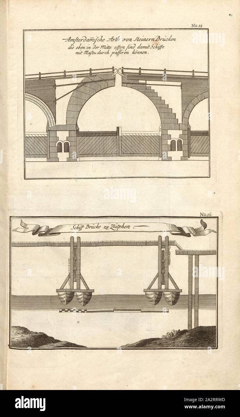 Amsterdam Arth da ponti Steinern ... e ponte di Schiff per Zütphen, Ponte di Amsterdam con l'apertura nella piastra di fondo e ponte a Zutphen (Paesi Bassi), Fig. 12, n. 15 u., 16, dopo p. 96, Breitkopf, Bernhard Christoph (ed.), 1735, Carl Schramm cristiana: Historischer Schauplatz in welchem die merkwürdigsten Brücken aus allen Theilen der Welt, insonderheit aber die in den vollkommensten Stand versetzte Dresdner Elb-Brücke, in saubern Prospecten, Münzen und andern Kupferstichen, vorgestellet und beschrieben werden. Lipsia: Bey Bernhard Christoph Breitkopf, 1735 Foto Stock