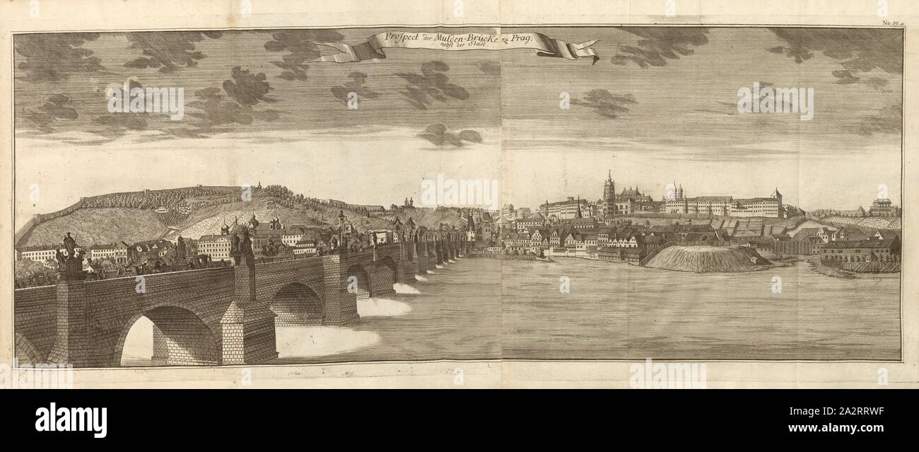 Prospettiva del ponte Mulden a Praga e la città, il Ponte di Carlo a Praga (Repubblica Ceca), Fig. 14, n. 19a, dopo p. 96, Breitkopf, Bernhard Christoph (ed.), 1735, Carl Schramm cristiana: Historischer Schauplatz in welchem die merkwürdigsten Brücken aus allen Theilen der Welt, insonderheit aber die in den vollkommensten Stand versetzte Dresdner Elb-Brücke, in saubern Prospecten, Münzen und andern Kupferstichen, vorgestellet und beschrieben werden. Lipsia: Bey Bernhard Christoph Breitkopf, 1735 Foto Stock