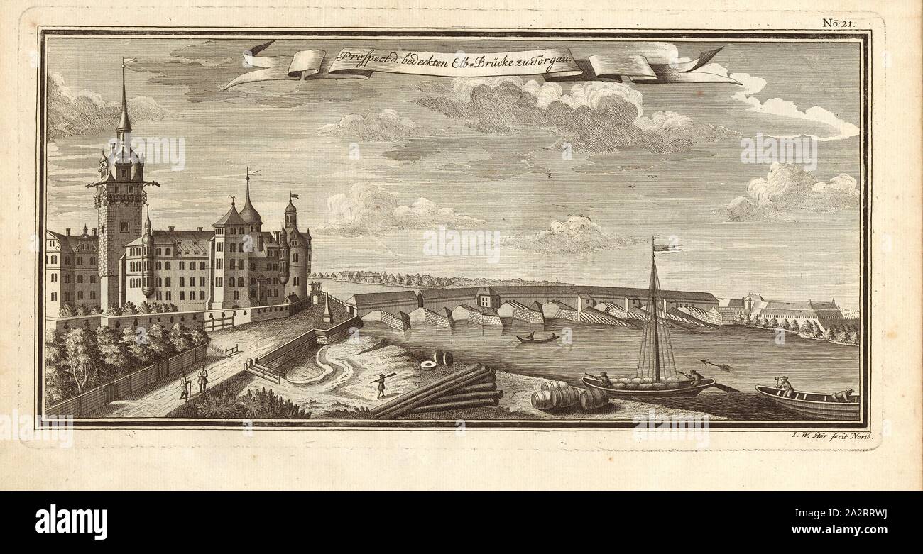 Prospettiva d. coperto Elbe bridge a Torgau, Elbe Bridge a Torgau (Sassonia), la Germania ha firmato: I. W. Stör fecit, Fig. 17, n. 21, dopo p. 96, Stör, Johann Wilhelm (sc.); Breitkopf, Bernhard Christoph (ed.), 1735, Carl Schramm cristiana: Historischer Schauplatz in welchem die merkwürdigsten Brücken aus allen Theilen der Welt, insonderheit aber die in den vollkommensten Stand versetzte Dresdner Elb-Brücke, in saubern Prospecten, Münzen und andern Kupferstichen, vorgestellet und beschrieben werden. Lipsia: Bey Bernhard Christoph Breitkopf, 1735 Foto Stock