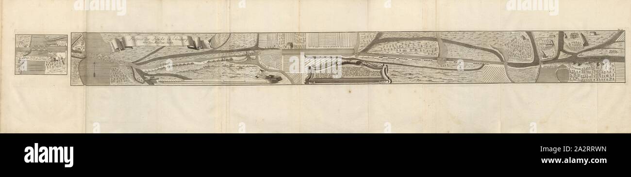 Ponte di legno ad Eilenburg oltre la Mulda ... e la prospettiva del ponte ad Eilenburg oltre l'Muldau-Strohm, ponte al di sopra della Mulde in Eilenburg (Sassonia), Fig. 19, n. 23 Dopo p. 96, Breitkopf, Bernhard Christoph (ed.), 1735, Carl Schramm cristiana: Historischer Schauplatz in welchem die merkwürdigsten Brücken aus allen Theilen der Welt, insonderheit aber die in den vollkommensten Stand versetzte Dresdner Elb-Brücke, in saubern Prospecten, Münzen und andern Kupferstichen, vorgestellet und beschrieben werden. Lipsia: Bey Bernhard Christoph Breitkopf, 1735 Foto Stock