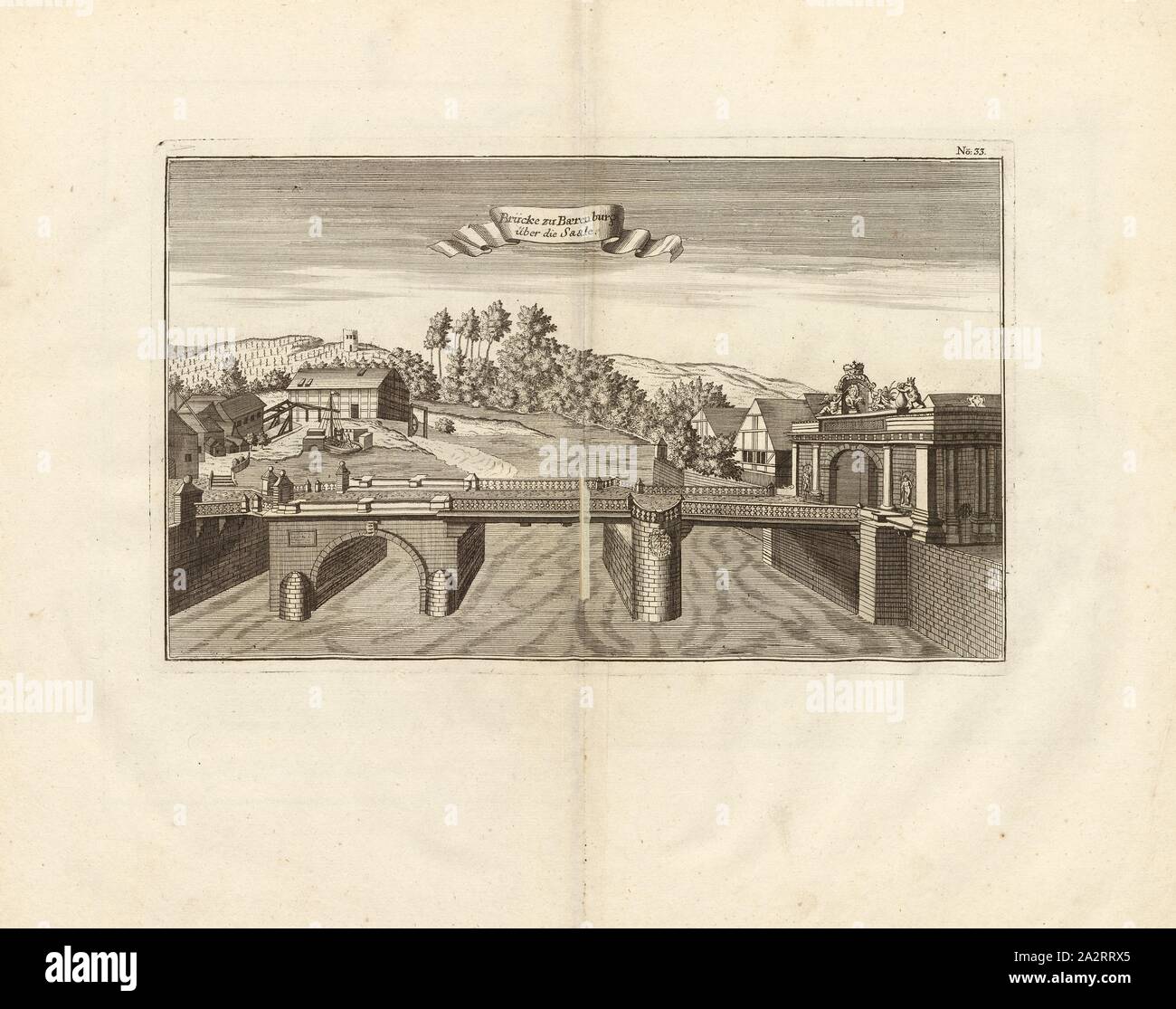 Ponte a Baerenburg sulla Saale, Ponte sul Saale a Bernburg (Saale), Fig. 26, n. 33, secondo p. 96, Breitkopf, Bernhard Christoph (ed.), 1735, Carl Schramm cristiana: Historischer Schauplatz in welchem die merkwürdigsten Brücken aus allen Theilen der Welt, insonderheit aber die in den vollkommensten Stand versetzte Dresdner Elb-Brücke, in saubern Prospecten, Münzen und andern Kupferstichen, vorgestellet und beschrieben werden. Lipsia: Bey Bernhard Christoph Breitkopf, 1735 Foto Stock