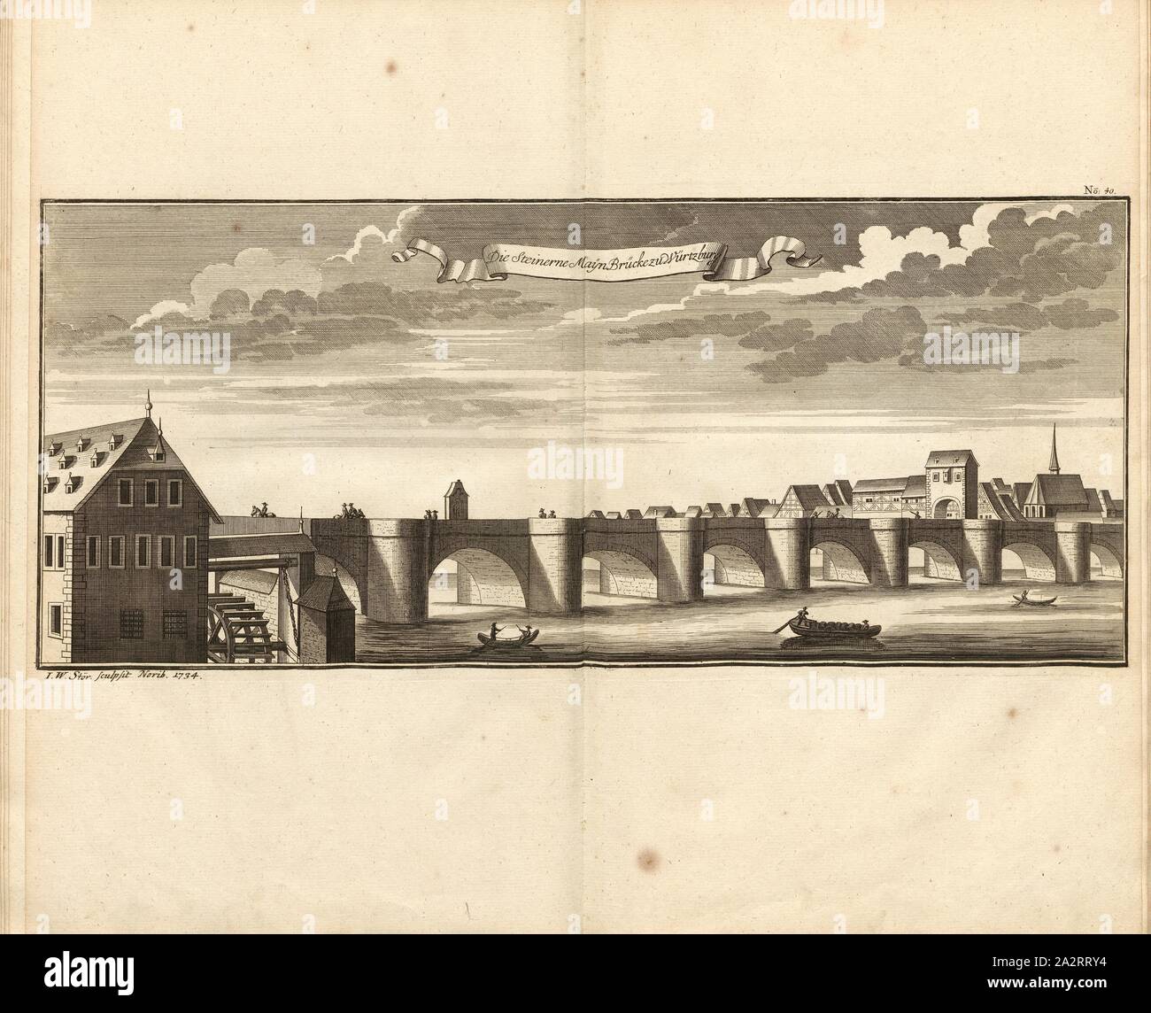 La pietra ponte principale a Würzburg, vecchio ponte principale sul Fiume Main in Würzburg, firmato: I. W. Stör, Fig. 32, n. 40, dopo p. 96, Stör, Johann Wilhelm (sc.); Breitkopf, Bernhard Christoph (ed.), 1734, Carl Schramm cristiana: Historischer Schauplatz in welchem die merkwürdigsten Brücken aus allen Theilen der Welt, insonderheit aber die in den vollkommensten Stand versetzte Dresdner Elb-Brücke, in saubern Prospecten, Münzen und andern Kupferstichen, vorgestellet und beschrieben werden. Lipsia: Bey Bernhard Christoph Breitkopf, 1735 Foto Stock