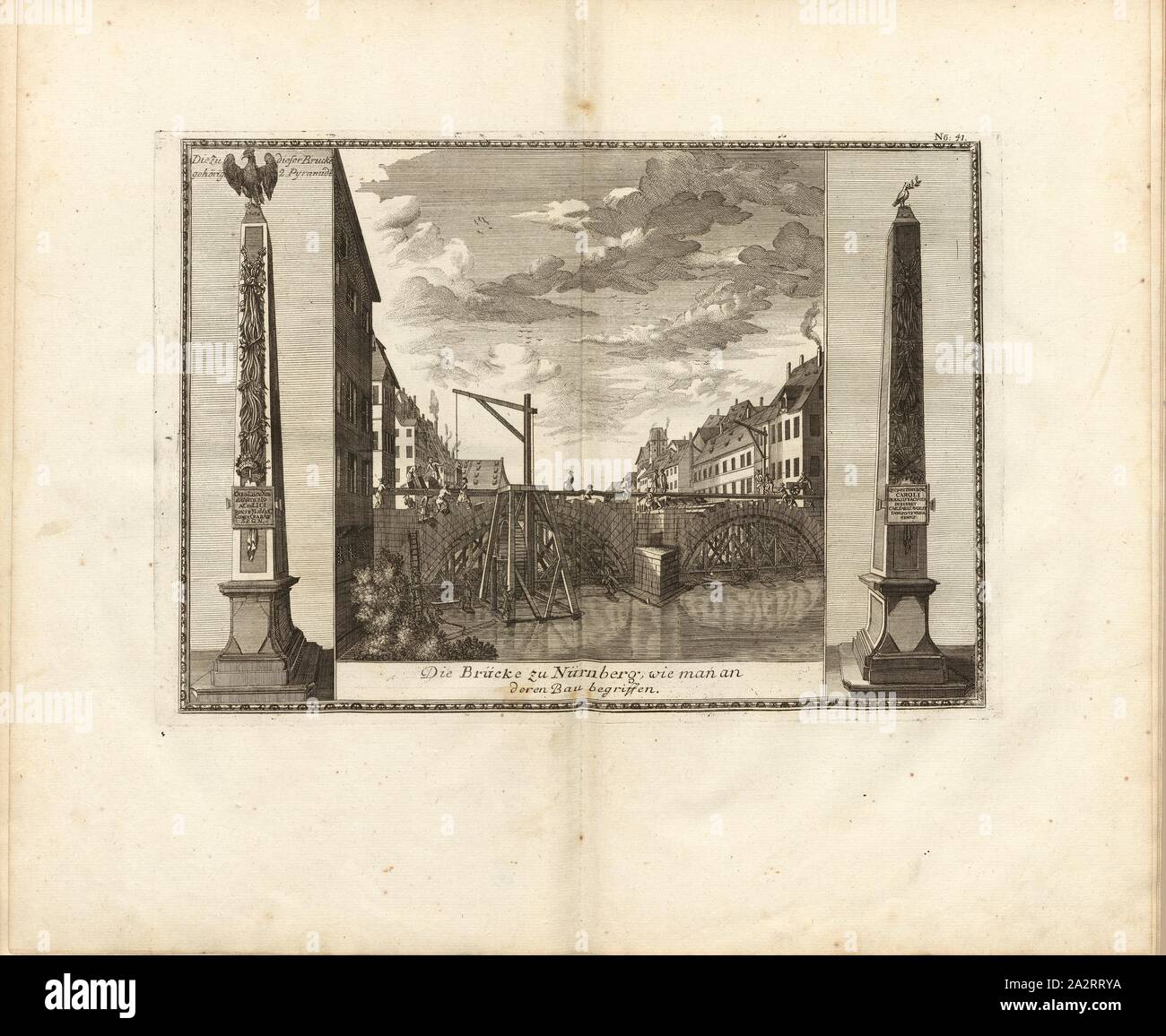 Il ponte a Norimberga, per capire la loro costruzione, Charles Bridge over Pegnitz e due obelischi in Norimberga, Fig. 33, n. 41, secondo p. 96, Breitkopf, Bernhard Christoph (ed.), 1735, Carl Schramm cristiana: Historischer Schauplatz in welchem die merkwürdigsten Brücken aus allen Theilen der Welt, insonderheit aber die in den vollkommensten Stand versetzte Dresdner Elb-Brücke, in saubern Prospecten, Münzen und andern Kupferstichen, vorgestellet und beschrieben werden. Lipsia: Bey Bernhard Christoph Breitkopf, 1735 Foto Stock