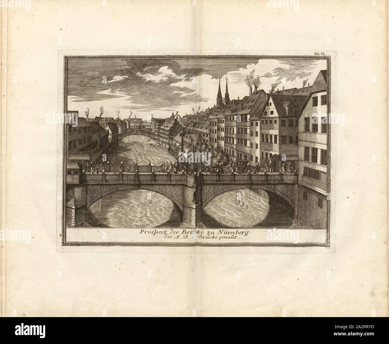 Prospettiva del ponte a Norimberga chiamato A. B. C. bridge, Charles Bridge over Pegnitz in Norimberga, Fig. 34, n. 42, dopo p. 96, Breitkopf, Bernhard Christoph (ed.), 1735, Carl Schramm cristiana: Historischer Schauplatz in welchem die merkwürdigsten Brücken aus allen Theilen der Welt, insonderheit aber die in den vollkommensten Stand versetzte Dresdner Elb-Brücke, in saubern Prospecten, Münzen und andern Kupferstichen, vorgestellet und beschrieben werden. Lipsia: Bey Bernhard Christoph Breitkopf, 1735 Foto Stock