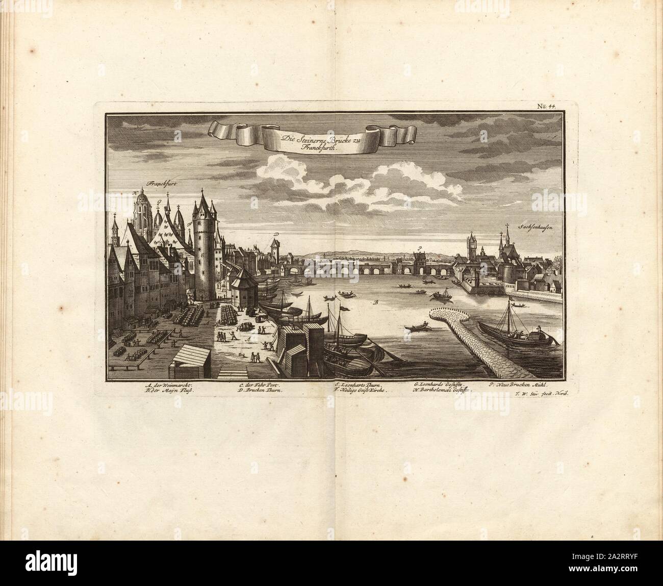 Il ponte di pietra per Franckfurth, Ponte Vecchio in Frankfurt am Main, firmato: I. W. Stör fecit, Fig. 36, n. 44, dopo p. 96, Stör, Johann Wilhelm (sc.); Breitkopf, Bernhard Christoph (ed.), 1735, Carl Schramm cristiana: Historischer Schauplatz in welchem die merkwürdigsten Brücken aus allen Theilen der Welt, insonderheit aber die in den vollkommensten Stand versetzte Dresdner Elb-Brücke, in saubern Prospecten, Münzen und andern Kupferstichen, vorgestellet und beschrieben werden. Lipsia: Bey Bernhard Christoph Breitkopf, 1735 Foto Stock