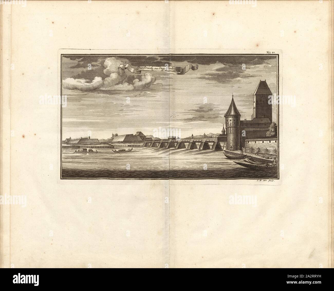 Il ponte a Ingolstadt, il ponte sul Danubio a Ingolstadt, firmato: I. W. Stör fecit, Fig. 38, n. 47, secondo p. 96, Stör, Johann Wilhelm (sc.); Breitkopf, Bernhard Christoph (ed.), 1735, Carl Schramm cristiana: Historischer Schauplatz in welchem die merkwürdigsten Brücken aus allen Theilen der Welt, insonderheit aber die in den vollkommensten Stand versetzte Dresdner Elb-Brücke, in saubern Prospecten, Münzen und andern Kupferstichen, vorgestellet und beschrieben werden. Lipsia: Bey Bernhard Christoph Breitkopf, 1735 Foto Stock