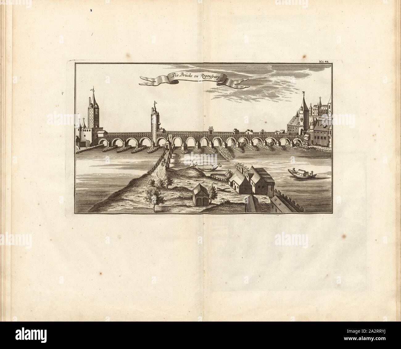 Il ponte a Regenspurg, ponte di pietra sul Danubio in Regensburg, Fig. 39, n. 48, dopo p. 96, Breitkopf, Bernhard Christoph (ed.), 1735, Carl Schramm cristiana: Historischer Schauplatz in welchem die merkwürdigsten Brücken aus allen Theilen der Welt, insonderheit aber die in den vollkommensten Stand versetzte Dresdner Elb-Brücke, in saubern Prospecten, Münzen und andern Kupferstichen, vorgestellet und beschrieben werden. Lipsia: Bey Bernhard Christoph Breitkopf, 1735 Foto Stock