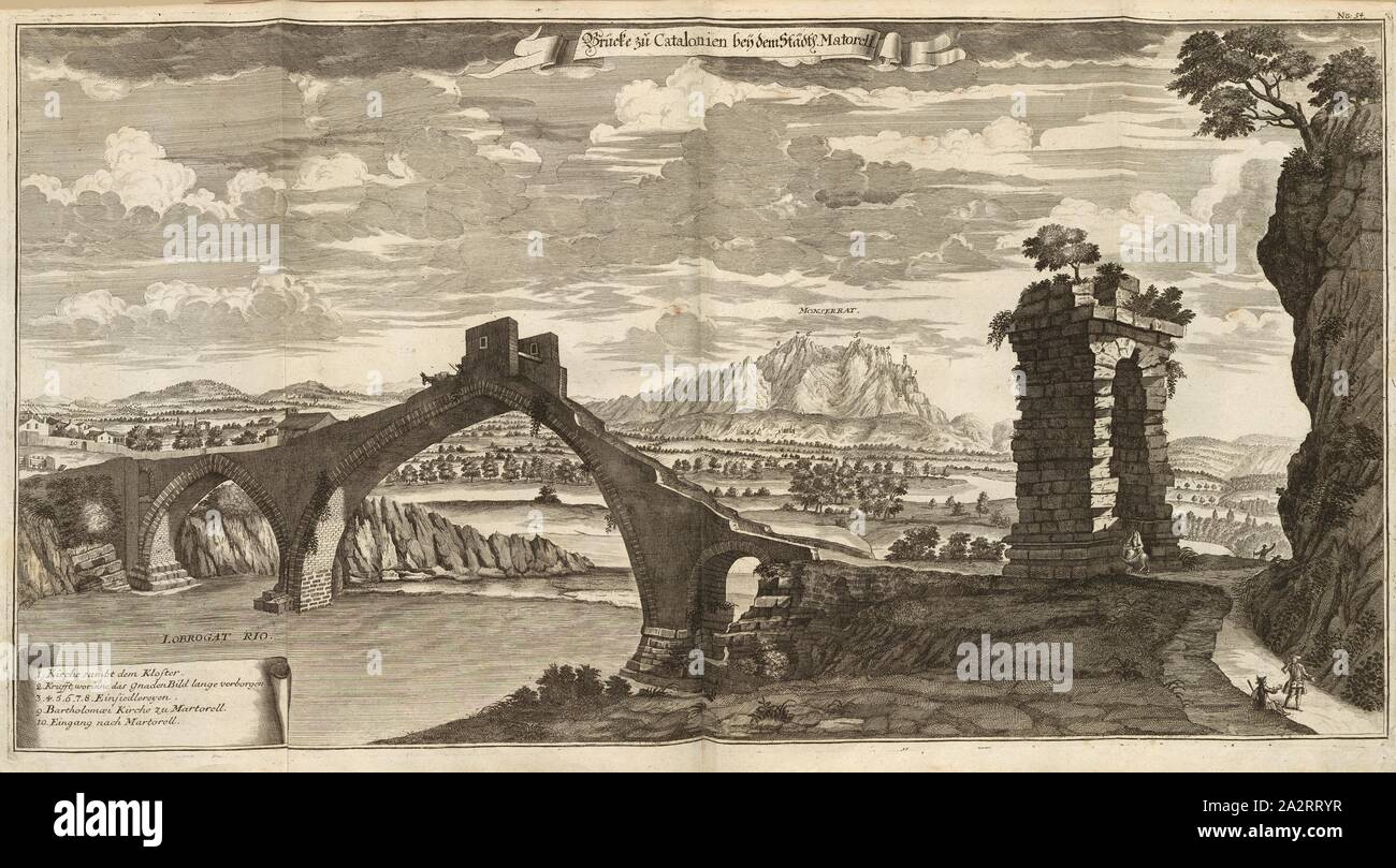 Ponte per la Catalogna a città Martorell, Pont del Diable sul Llobregat a Martorell, fig.43, n. 54, dopo p. 96, Breitkopf, Bernhard Christoph (ed.), 1735, Carl Schramm cristiana: Historischer Schauplatz in welchem die merkwürdigsten Brücken aus allen Theilen der Welt, insonderheit aber die in den vollkommensten Stand versetzte Dresdner Elb-Brücke, in saubern Prospecten, Münzen und andern Kupferstichen, vorgestellet und beschrieben werden. Lipsia: Bey Bernhard Christoph Breitkopf, 1735 Foto Stock