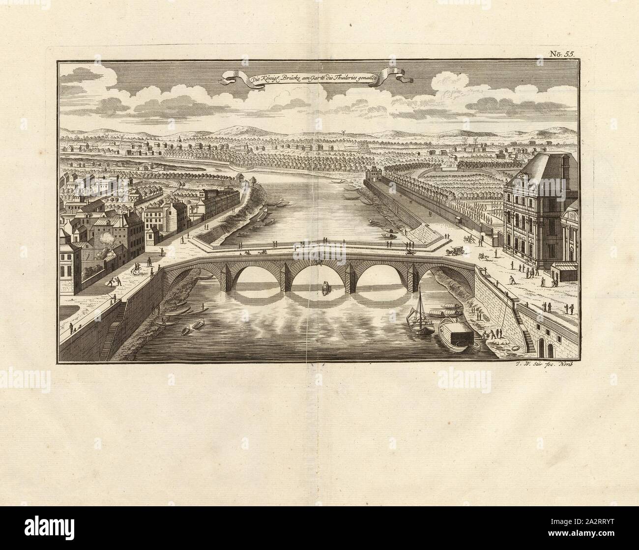 Il Royal Bridge presso il giardino chiamato Thuileries, Pont Royal attraverso la Senna a Parigi, firmato: I. W. Stör fec, Fig. 44, n. 55, dopo p. 96, Stör, Johann Wilhelm (sc.); Breitkopf, Bernhard Christoph (ed.), 1735, Carl Schramm cristiana: Historischer Schauplatz in welchem die merkwürdigsten Brücken aus allen Theilen der Welt, insonderheit aber die in den vollkommensten Stand versetzte Dresdner Elb-Brücke, in saubern Prospecten, Münzen und andern Kupferstichen, vorgestellet und beschrieben werden. Lipsia: Bey Bernhard Christoph Breitkopf, 1735 Foto Stock
