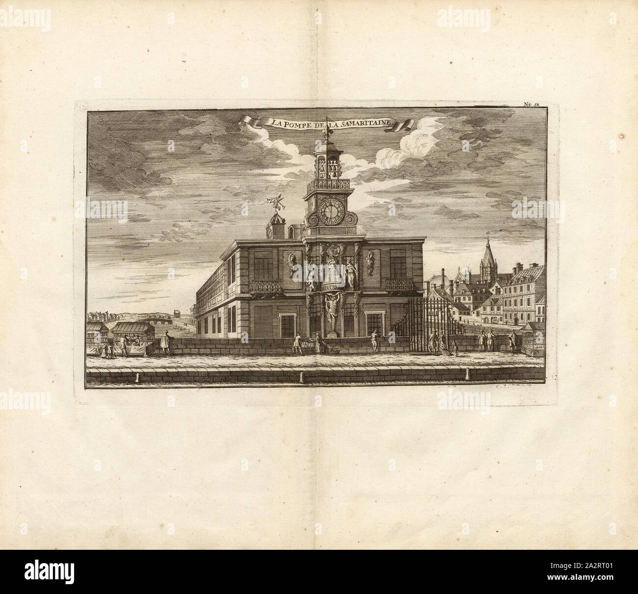 Il Samaritano della pompa, La Samaritaine stazione di pompaggio per l'alimentazione idrica del Louvre e i Giardini delle Tuileries a Parigi, Fig. 47, n. 58, dopo p. 96, Breitkopf, Bernhard Christoph (ed.), 1735, Carl Schramm cristiana: Historischer Schauplatz in welchem die merkwürdigsten Brücken aus allen Theilen der Welt, insonderheit aber die in den vollkommensten Stand versetzte Dresdner Elb-Brücke, in saubern Prospecten, Münzen und andern Kupferstichen, vorgestellet und beschrieben werden. Lipsia: Bey Bernhard Christoph Breitkopf, 1735 Foto Stock