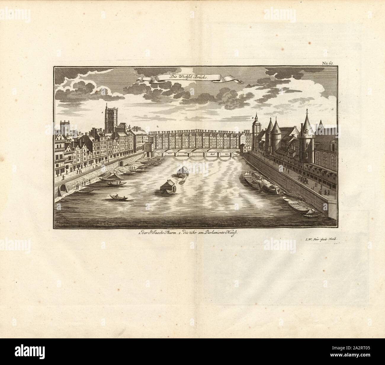 Il ponte di modifica, Pont au cambiamento sulla Senna a Parigi, firmato: I. W. Stör fecit, Fig. 50, n. 61, secondo p. 96, Stör, Johann Wilhelm (sc.); Breitkopf, Bernhard Christoph (ed.), 1735, Carl Schramm cristiana: Historischer Schauplatz in welchem die merkwürdigsten Brücken aus allen Theilen der Welt, insonderheit aber die in den vollkommensten Stand versetzte Dresdner Elb-Brücke, in saubern Prospecten, Münzen und andern Kupferstichen, vorgestellet und beschrieben werden. Lipsia: Bey Bernhard Christoph Breitkopf, 1735 Foto Stock