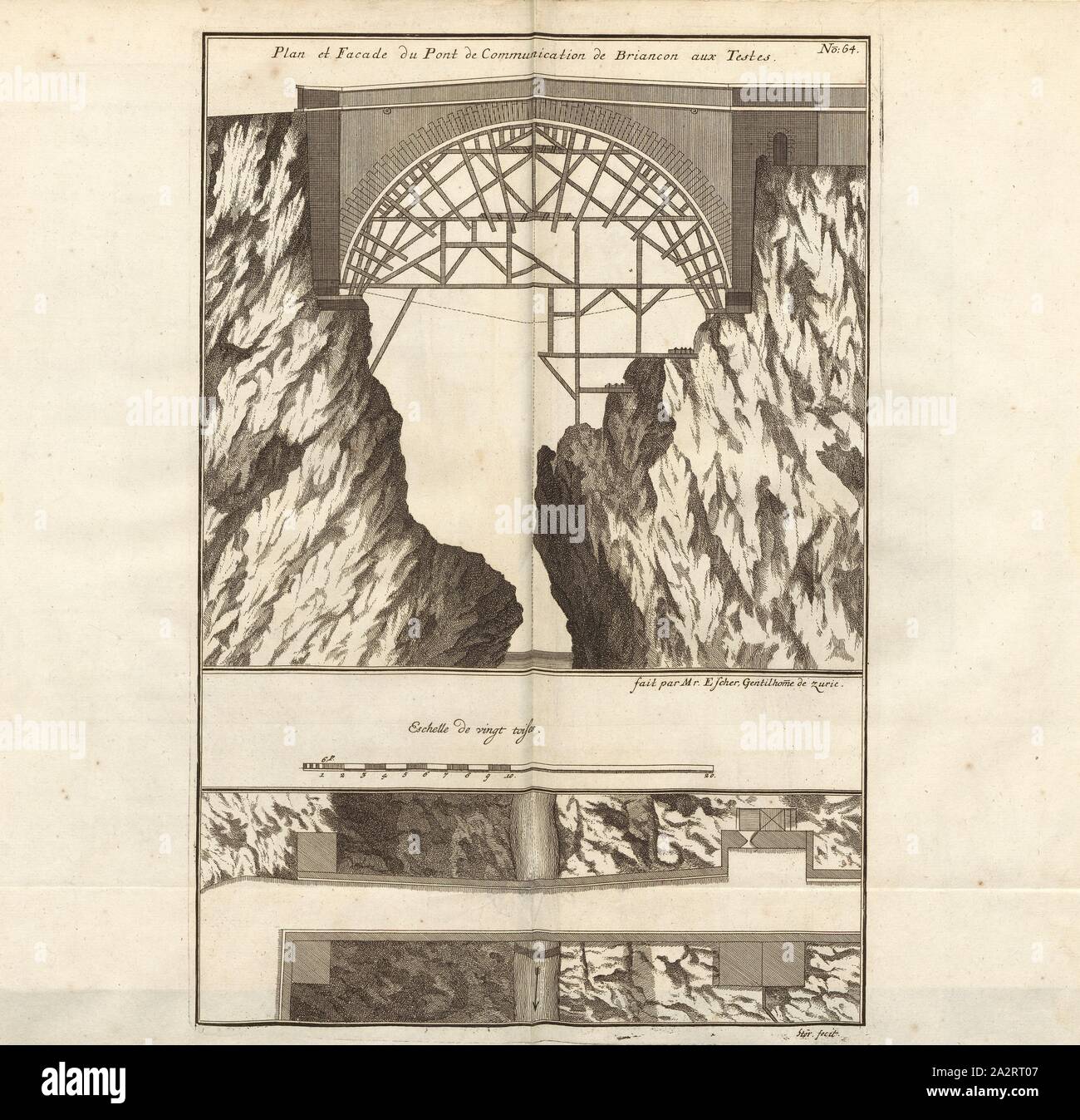 Piano di facciata e del ponte di comunicazione da Briancon per testicoli, Pont d'Asfeld tra Briançon e Fort des Têtes, firmato: Stör fecit, Fig. 52, n. 64, dopo p. 96, Stör, Johann Wilhelm (sc.); Breitkopf, Bernhard Christoph (ed.), 1735, Carl Schramm cristiana: Historischer Schauplatz in welchem die merkwürdigsten Brücken aus allen Theilen der Welt, insonderheit aber die in den vollkommensten Stand versetzte Dresdner Elb-Brücke, in saubern Prospecten, Münzen und andern Kupferstichen, vorgestellet und beschrieben werden. Lipsia: Bey Bernhard Christoph Breitkopf, 1735 Foto Stock