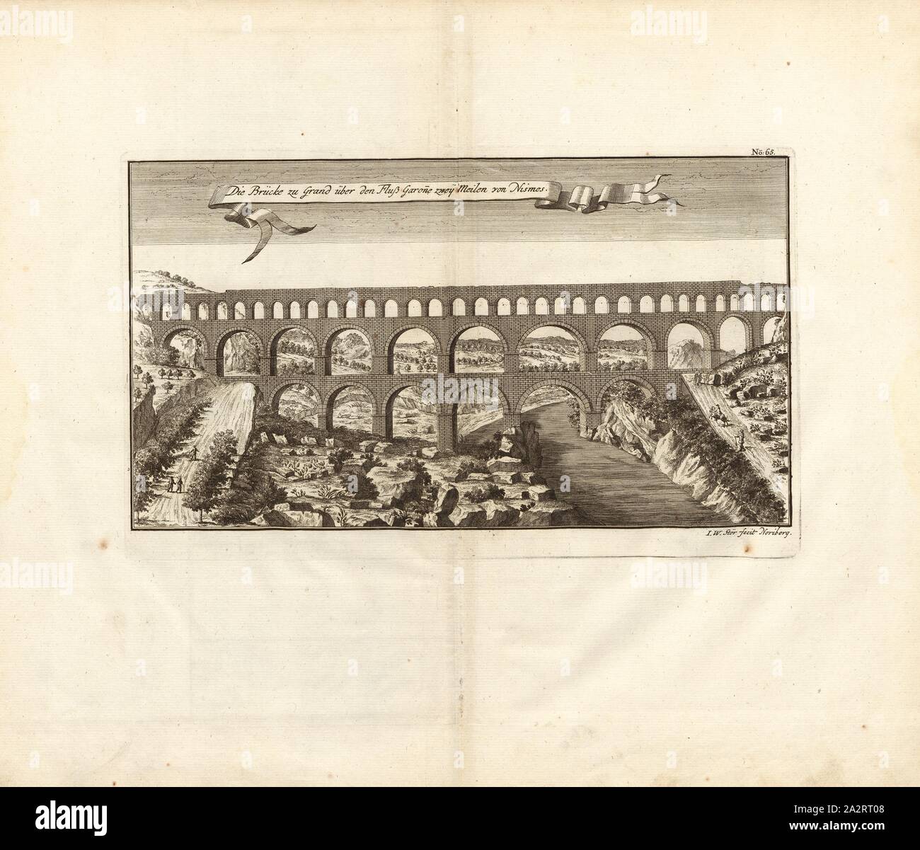 Il ponte di Grand oltre il fiume Garonne a due miglia da Nismes, Pont du Gard vicino a Nîmes, firmato: I. W. Stör fecit, Fig. 53, n. 65, dopo p. 96, Stör, Johann Wilhelm (sc.); Breitkopf, Bernhard Christoph (ed.), 1735, Carl Schramm cristiana: Historischer Schauplatz in welchem die merkwürdigsten Brücken aus allen Theilen der Welt, insonderheit aber die in den vollkommensten Stand versetzte Dresdner Elb-Brücke, in saubern Prospecten, Münzen und andern Kupferstichen, vorgestellet und beschrieben werden. Lipsia: Bey Bernhard Christoph Breitkopf, 1735 Foto Stock