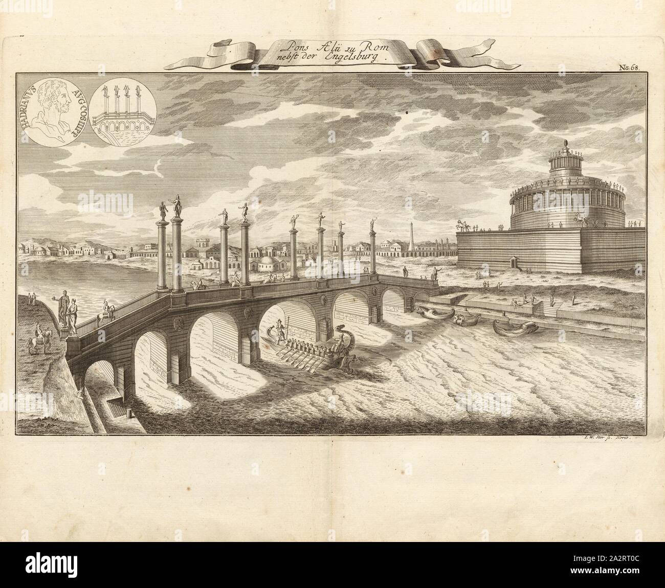 Pons Aelii a Roma accanto a Engelsburg, ponte degli angeli oltre il Tevere e Castel Sant'Angelo a Roma, firmato: I. W. Stör sc, Fig. 56, n. 68, dopo p. 96, Stör, Johann Wilhelm (sc.); Breitkopf, Bernhard Christoph (ed.), 1735, Carl Schramm cristiana: Historischer Schauplatz in welchem die merkwürdigsten Brücken aus allen Theilen der Welt, insonderheit aber die in den vollkommensten Stand versetzte Dresdner Elb-Brücke, in saubern Prospecten, Münzen und andern Kupferstichen, vorgestellet und beschrieben werden. Lipsia: Bey Bernhard Christoph Breitkopf, 1735 Foto Stock