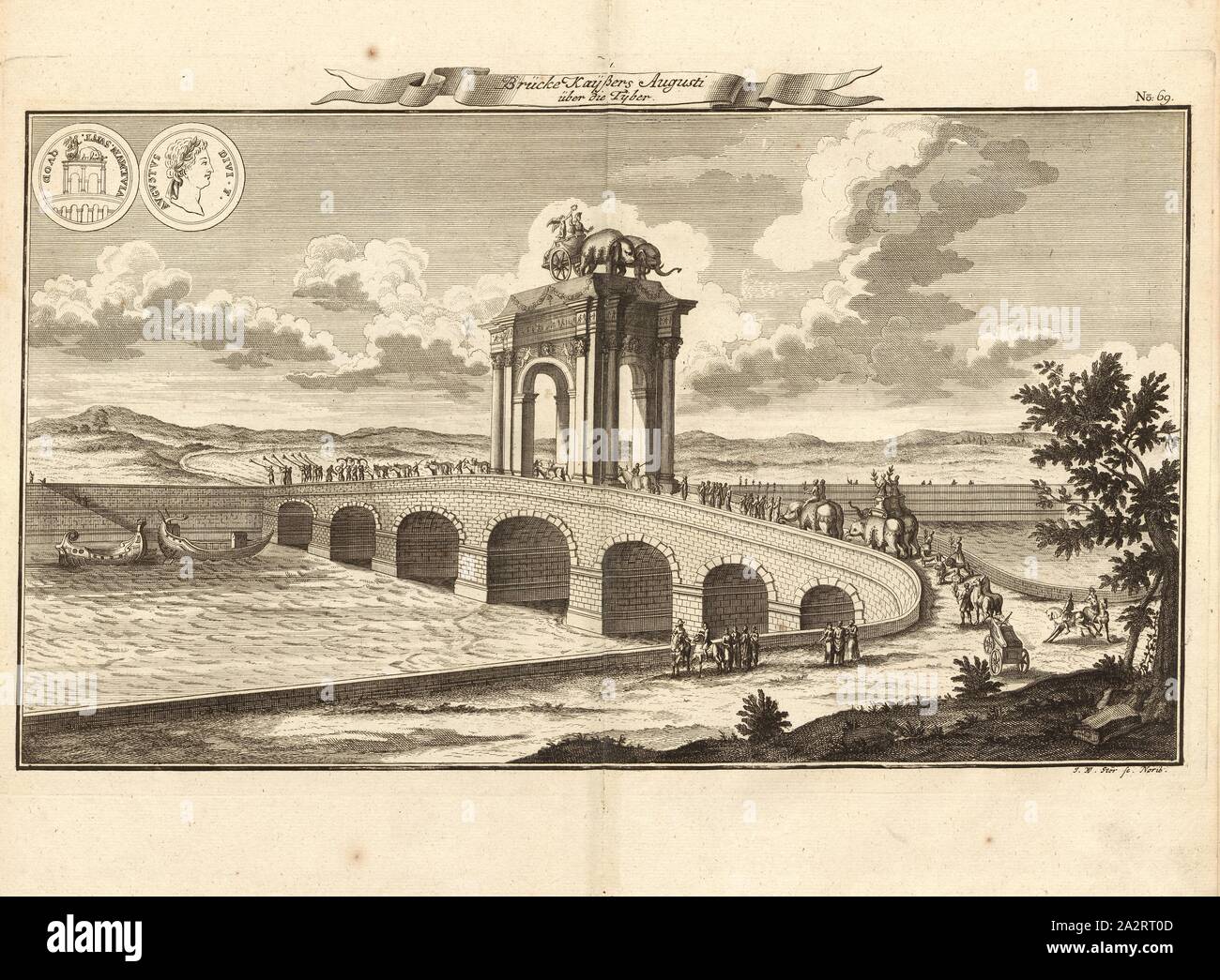 Kayser Augusti ponte sopra il Tyber, Ponte d'Augusto sopra Tevere, firmato: I. W. Stör sc, Fig. 57, n. 69, dopo p. 96, Stör, Johann Wilhelm (sc.); Breitkopf, Bernhard Christoph (ed.), 1735, Carl Schramm cristiana: Historischer Schauplatz in welchem die merkwürdigsten Brücken aus allen Theilen der Welt, insonderheit aber die in den vollkommensten Stand versetzte Dresdner Elb-Brücke, in saubern Prospecten, Münzen und andern Kupferstichen, vorgestellet und beschrieben werden. Lipsia: Bey Bernhard Christoph Breitkopf, 1735 Foto Stock