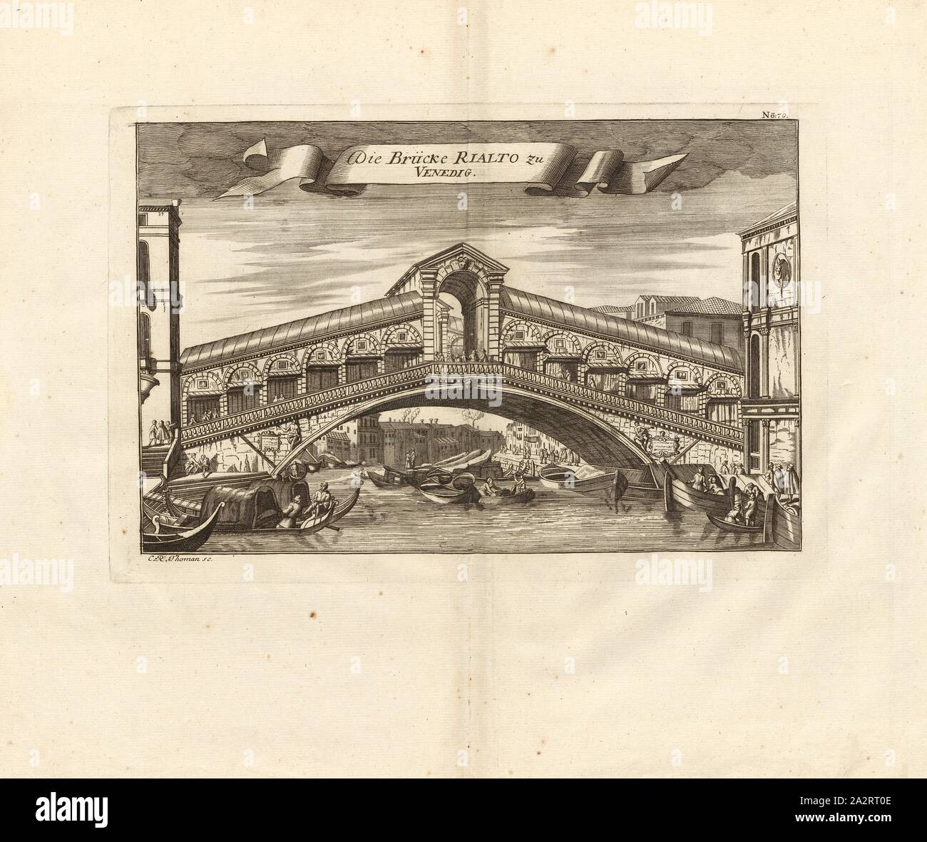 Il ponte di Rialto Venezia, Ponte di Rialto, firmato: C.R. Thoman sc, Fig. 58, n. 70, dopo p. 96, Thomann von Hagelstein, Christoph Raimund (sc.); Breitkopf, Bernhard Christoph (ed.), 1735, Carl Schramm cristiana: Historischer Schauplatz in welchem die merkwürdigsten Brücken aus allen Theilen der Welt, insonderheit aber die in den vollkommensten Stand versetzte Dresdner Elb-Brücke, in saubern Prospecten, Münzen und andern Kupferstichen, vorgestellet und beschrieben werden. Lipsia: Bey Bernhard Christoph Breitkopf, 1735 Foto Stock