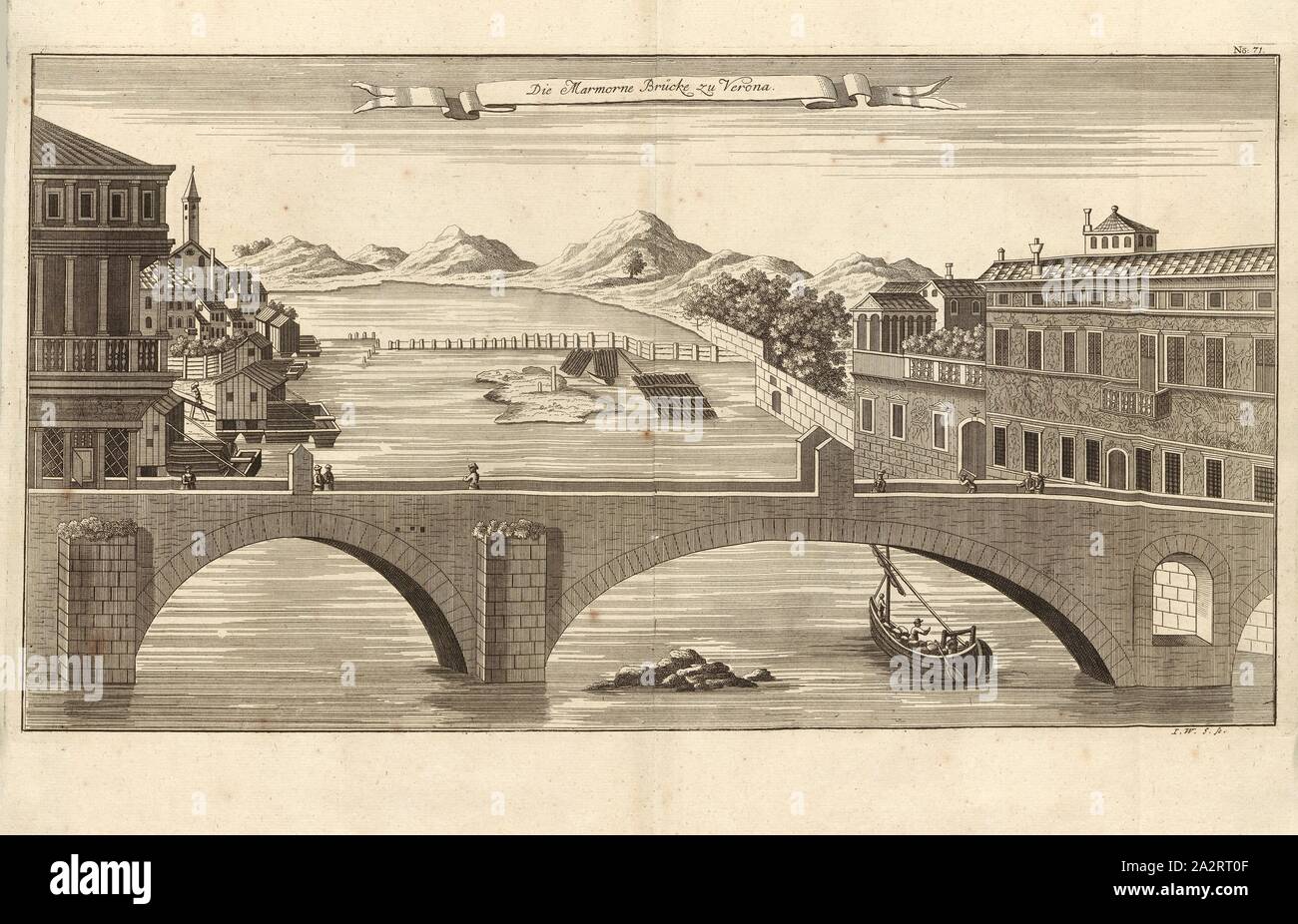 Il ponte Marmorne a Verona, Ponte Pietra oltre Adige in Verona, firmato: I. W. S. sc, Fig. 59, n. 71, dopo p. 96, Stör, Johann Wilhelm (sc.); Breitkopf, Bernhard Christoph (ed.), 1735, Carl Schramm cristiana: Historischer Schauplatz in welchem die merkwürdigsten Brücken aus allen Theilen der Welt, insonderheit aber die in den vollkommensten Stand versetzte Dresdner Elb-Brücke, in saubern Prospecten, Münzen und andern Kupferstichen, vorgestellet und beschrieben werden. Lipsia: Bey Bernhard Christoph Breitkopf, 1735 Foto Stock