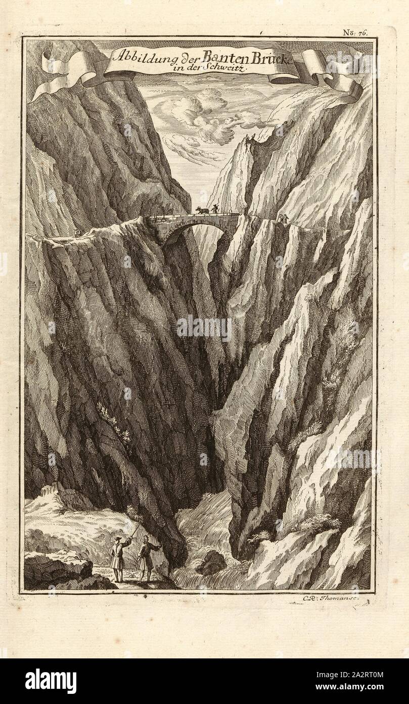 Illustrazione del ponte colorato in Svizzera, Pantenbrücke in Linthal (Cantone di Glarona), firmato: C. R. Thoman sc, Fig. 64, n. 76, dopo p. 96, Thomann von Hagelstein, Christoph Raimund (sc.); Breitkopf, Bernhard Christoph (ed.), 1735, Carl Schramm cristiana: Historischer Schauplatz in welchem die merkwürdigsten Brücken aus allen Theilen der Welt, insonderheit aber die in den vollkommensten Stand versetzte Dresdner Elb-Brücke, in saubern Prospecten, Münzen und andern Kupferstichen, vorgestellet und beschrieben werden. Lipsia: Bey Bernhard Christoph Breitkopf, 1735 Foto Stock