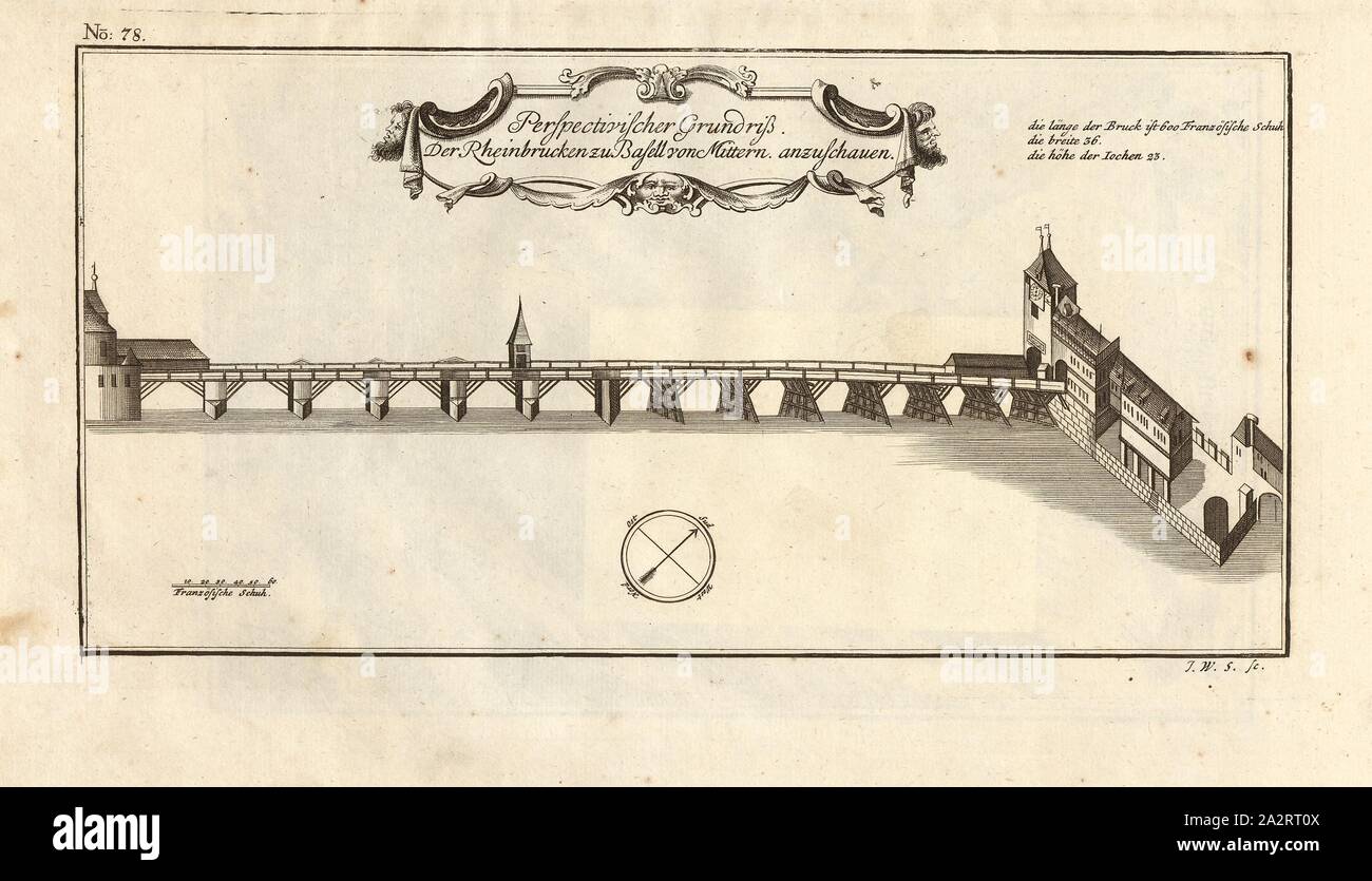 In prospettiva il piano di pavimento. A guardare la Rheinbrucken di Basell mon Mittern, ponte centrale di Basilea, firmata: I. W. S. sc, Fig. 68, n. 78, dopo p. 96, Stör, Johann Wilhelm (sc.); Breitkopf, Bernhard Christoph (ed.), 1735, Carl Schramm cristiana: Historischer Schauplatz in welchem die merkwürdigsten Brücken aus allen Theilen der Welt, insonderheit aber die in den vollkommensten Stand versetzte Dresdner Elb-Brücke, in saubern Prospecten, Münzen und andern Kupferstichen, vorgestellet und beschrieben werden. Lipsia: Bey Bernhard Christoph Breitkopf, 1735 Foto Stock