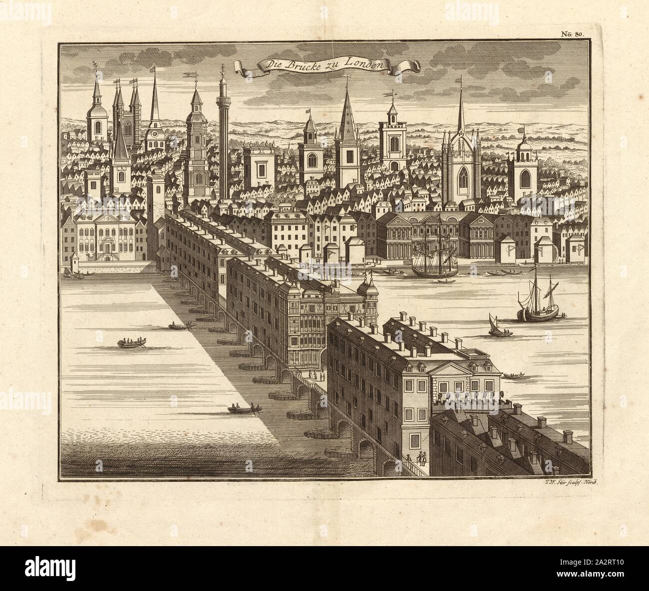 Il ponte di Londra, London Bridge oltre il Tamigi a Londra, firmato: I. W. sculps Stör, Fig. 70, n. 80, dopo p. 96, Stör, Johann Wilhelm (sc.); Breitkopf, Bernhard Christoph (ed.), 1735, Carl Schramm cristiana: Historischer Schauplatz in welchem die merkwürdigsten Brücken aus allen Theilen der Welt, insonderheit aber die in den vollkommensten Stand versetzte Dresdner Elb-Brücke, in saubern Prospecten, Münzen und andern Kupferstichen, vorgestellet und beschrieben werden. Lipsia: Bey Bernhard Christoph Breitkopf, 1735 Foto Stock