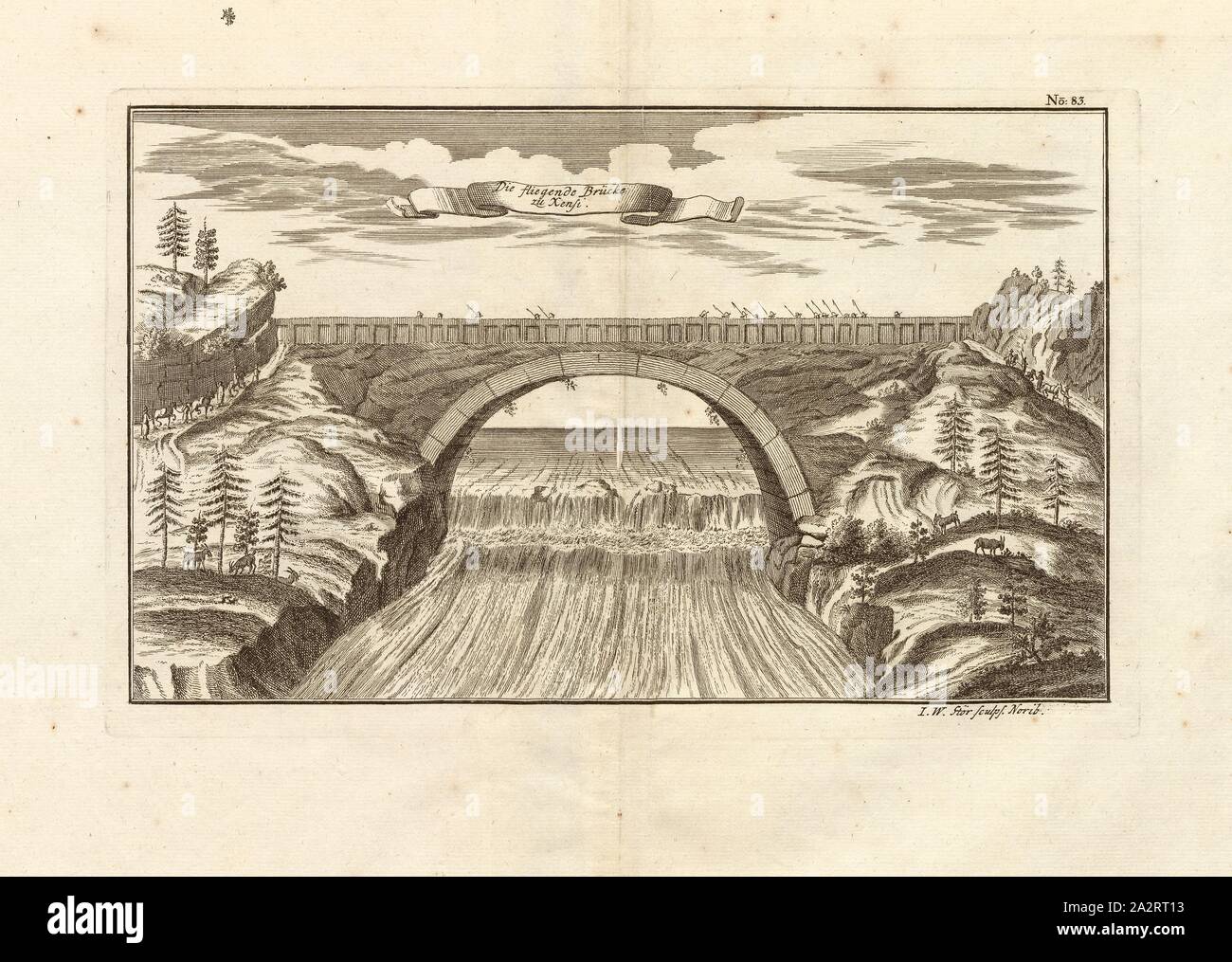 Il flying bridge di Xensi, ponte sopra il fiume Giallo nella provincia di Shaanxi, la Cina ha firmato: I. W. sculps Stör, Fig. 73, n. 83, secondo p. 96, Stör, Johann Wilhelm (sc.); Breitkopf, Bernhard Christoph (ed.), 1735, Carl Schramm cristiana: Historischer Schauplatz in welchem die merkwürdigsten Brücken aus allen Theilen der Welt, insonderheit aber die in den vollkommensten Stand versetzte Dresdner Elb-Brücke, in saubern Prospecten, Münzen und andern Kupferstichen, vorgestellet und beschrieben werden. Lipsia: Bey Bernhard Christoph Breitkopf, 1735 Foto Stock