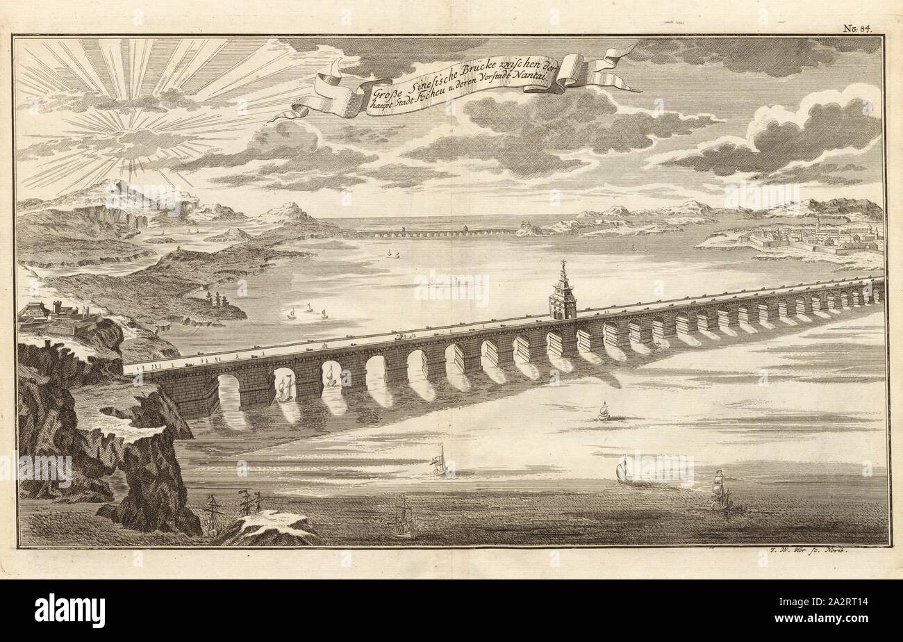 Grande ponte cinese tra le principali città e Fochcu. loro sobborgo Nantai, ponte in Cina, firmato: I. W. Stör sc, Fig. 74, n. 84, secondo p. 96, Stör, Johann Wilhelm (sc.); Breitkopf, Bernhard Christoph (ed.), 1735, Carl Schramm cristiana: Historischer Schauplatz in welchem die merkwürdigsten Brücken aus allen Theilen der Welt, insonderheit aber die in den vollkommensten Stand versetzte Dresdner Elb-Brücke, in saubern Prospecten, Münzen und andern Kupferstichen, vorgestellet und beschrieben werden. Lipsia: Bey Bernhard Christoph Breitkopf, 1735 Foto Stock
