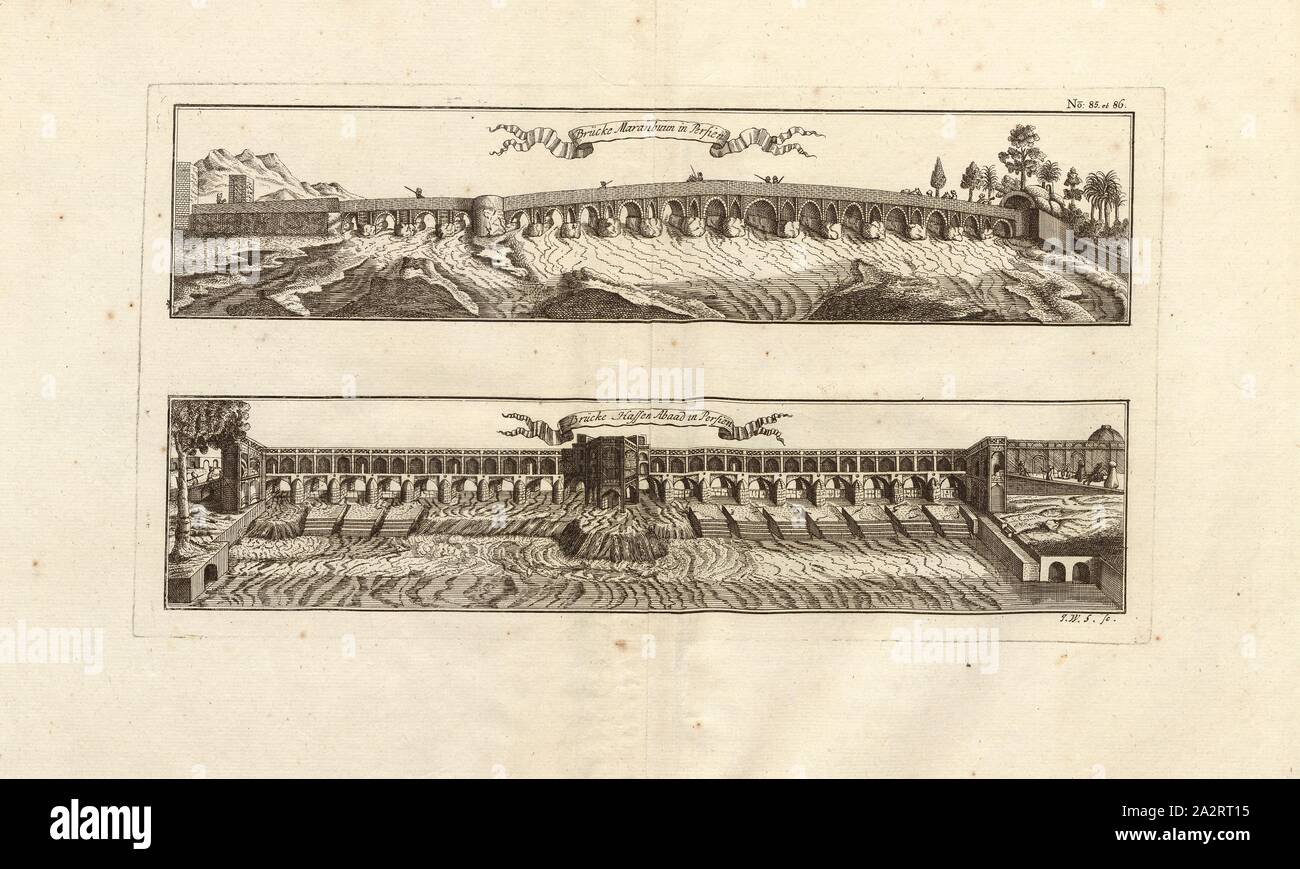 Ponte Maranbuun in Persia e Hassen Abaad ponte in Persia, Ponte Marnan in Isfahan, firmato: I. W. S. sc, Fig. 75, n. 85 u., 86, dopo p. 96, Breitkopf, Bernhard Christoph (ed.), 1735, Carl Schramm cristiana: Historischer Schauplatz in welchem die merkwürdigsten Brücken aus allen Theilen der Welt, insonderheit aber die in den vollkommensten Stand versetzte Dresdner Elb-Brücke, in saubern Prospecten, Münzen und andern Kupferstichen, vorgestellet und beschrieben werden. Lipsia: Bey Bernhard Christoph Breitkopf, 1735 Foto Stock