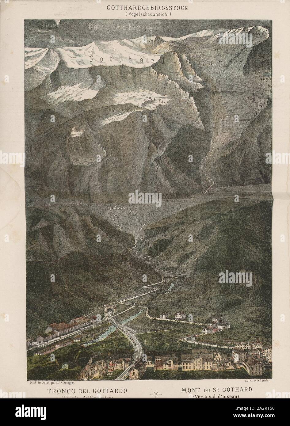 Massiccio del San Gottardo, il massiccio del San Gottardo con Schöllenen e portale nord della galleria del San Gottardo a Göschenen, firmato: firmato dopo la natura., J.A. Honegger, lith., J.J. Hofer a Zurigo, TAF. 6, secondo p. 7, Honegger, Jacob Adolf (CANC.); Hofer, Johann Jakob (lith.), 1880, Der Gottardo: Bahn, Strasse und Tunnel. [S. l.]: [s. n.], [18 Foto Stock