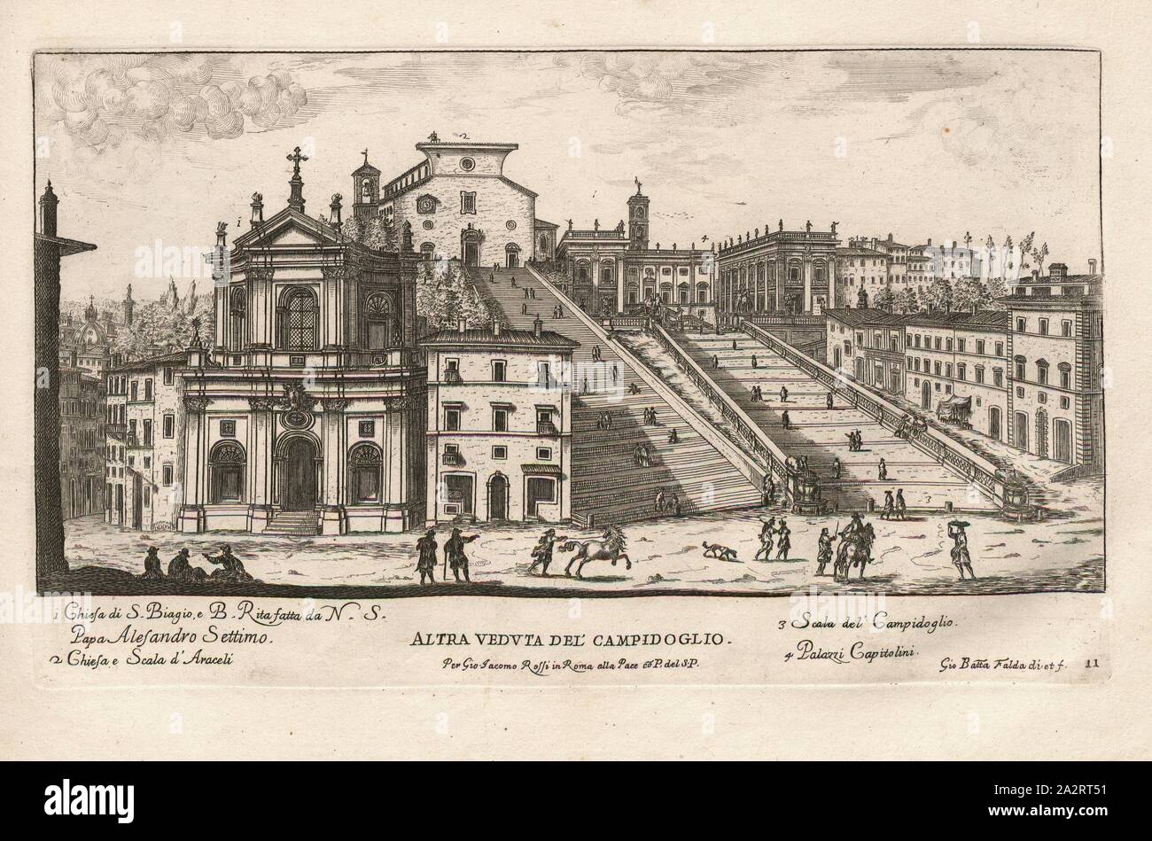 Un altro punto di vista sul Campidoglio, vista del xvii secolo Campidoglio a Roma, firmato: Gio., Batta Falda di., et f, Fig. 1, p. 23, 1665 Giovanni Giacomo De Rossi. Giovanni Battista Falda: Vedute delle fabriche, piazze, et strade tariffa fatte nuovamente a Roma dalla S.ta di N.S. Alessandro VII. Roma: Rossi, 1665 Foto Stock